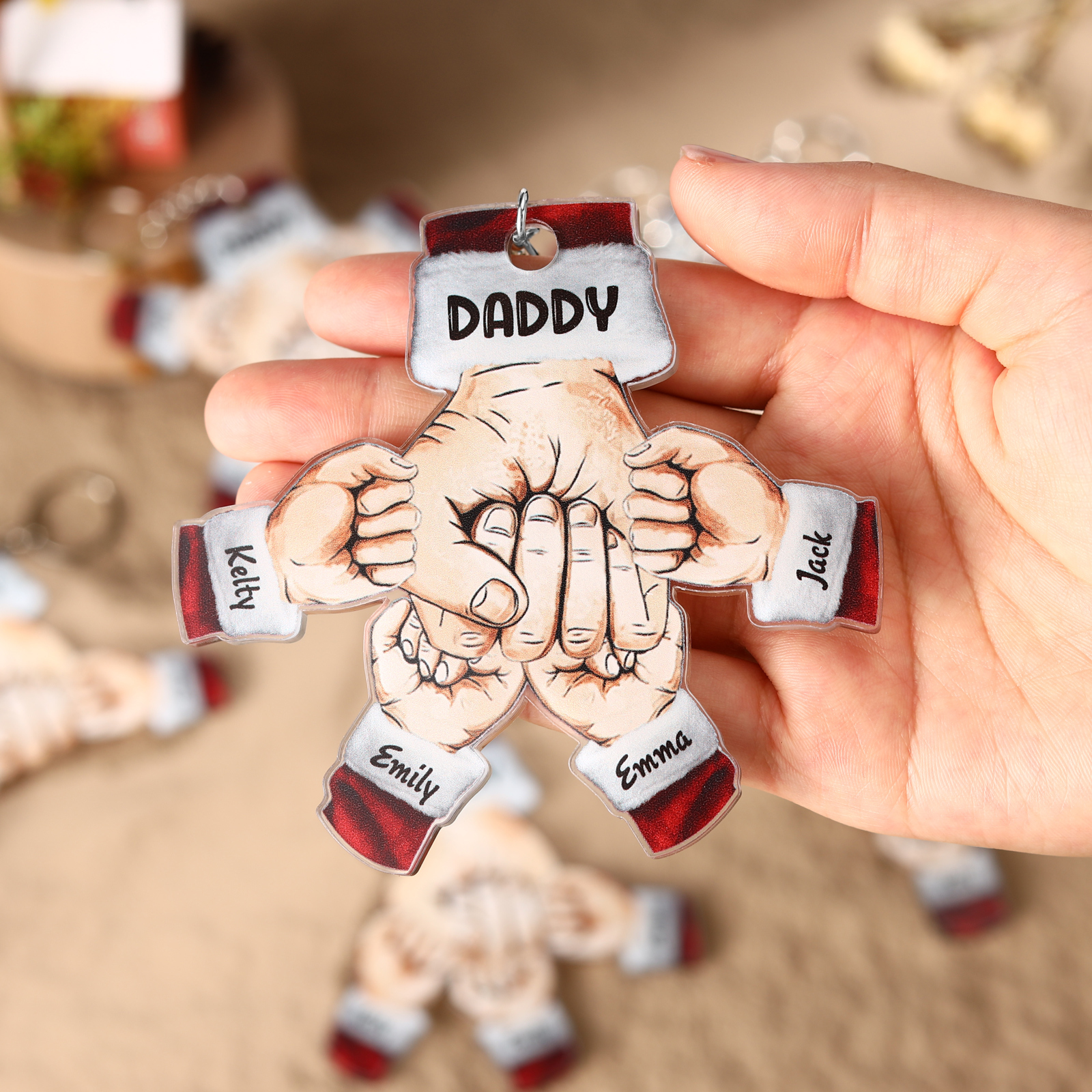 Acrylic Fist Bump Keychain Custom 4 Names & 1 Text Hanging Ornaments Personalised Christmas Keyring for Dad/Grandpa-Jessemade AU