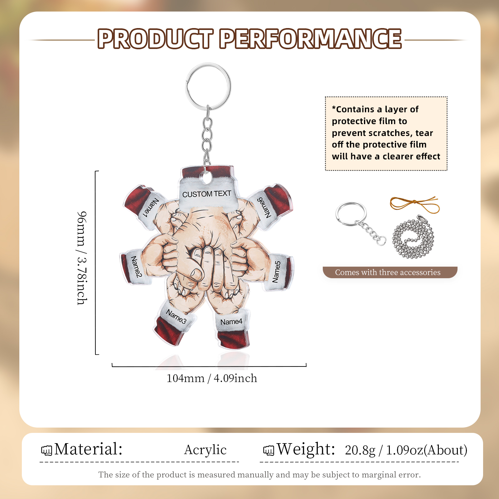Acrylic Fist Bump Keychain Custom 6 Names & 1 Text Hanging Ornaments Personalised Christmas Keyring for Dad/Grandpa-Jessemade AU