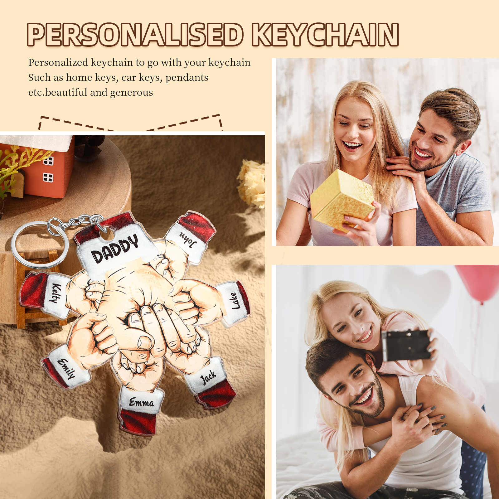 Acrylic Fist Bump Keychain Custom 6 Names & 1 Text Hanging Ornaments Personalised Christmas Keyring for Dad/Grandpa-Jessemade AU