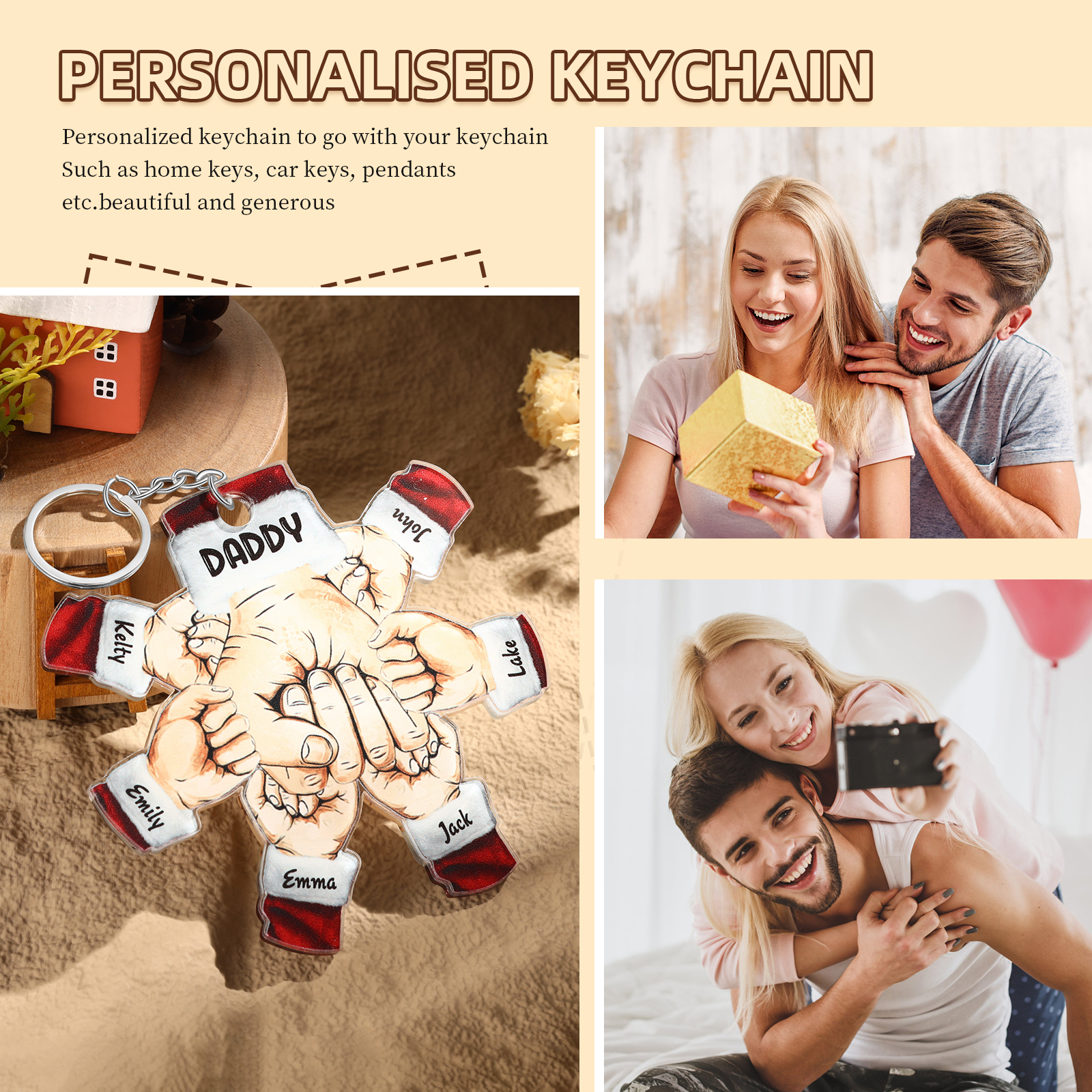 Acrylic Fist Bump Keychain Custom 6 Names & 1 Text Hanging Ornaments Personalised Christmas Keyring for Dad/Grandpa-Jessemade AU