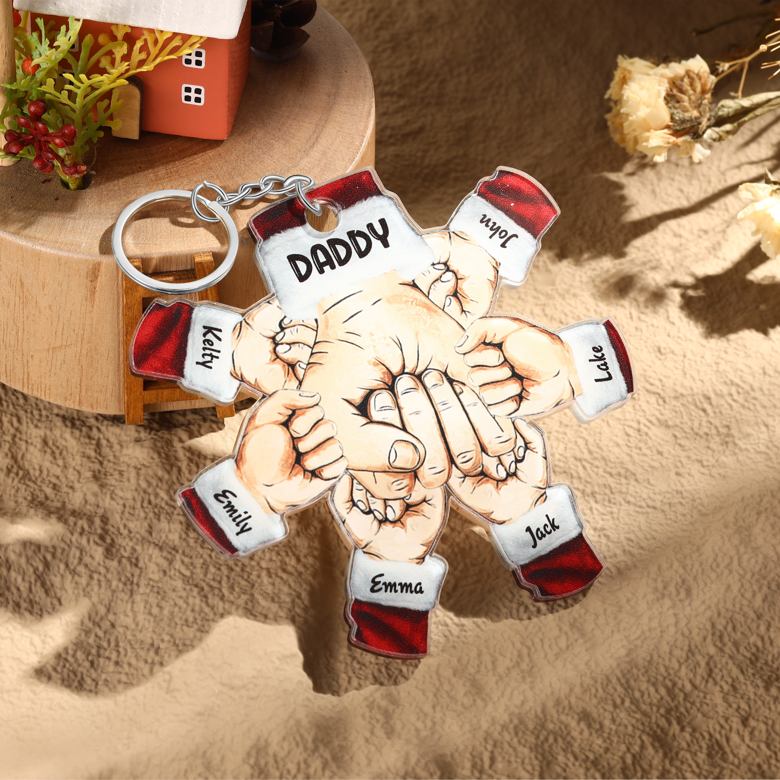 Acrylic Fist Bump Keychain Custom 6 Names & 1 Text Hanging Ornaments Personalised Christmas Keyring for Dad/Grandpa-Jessemade AU