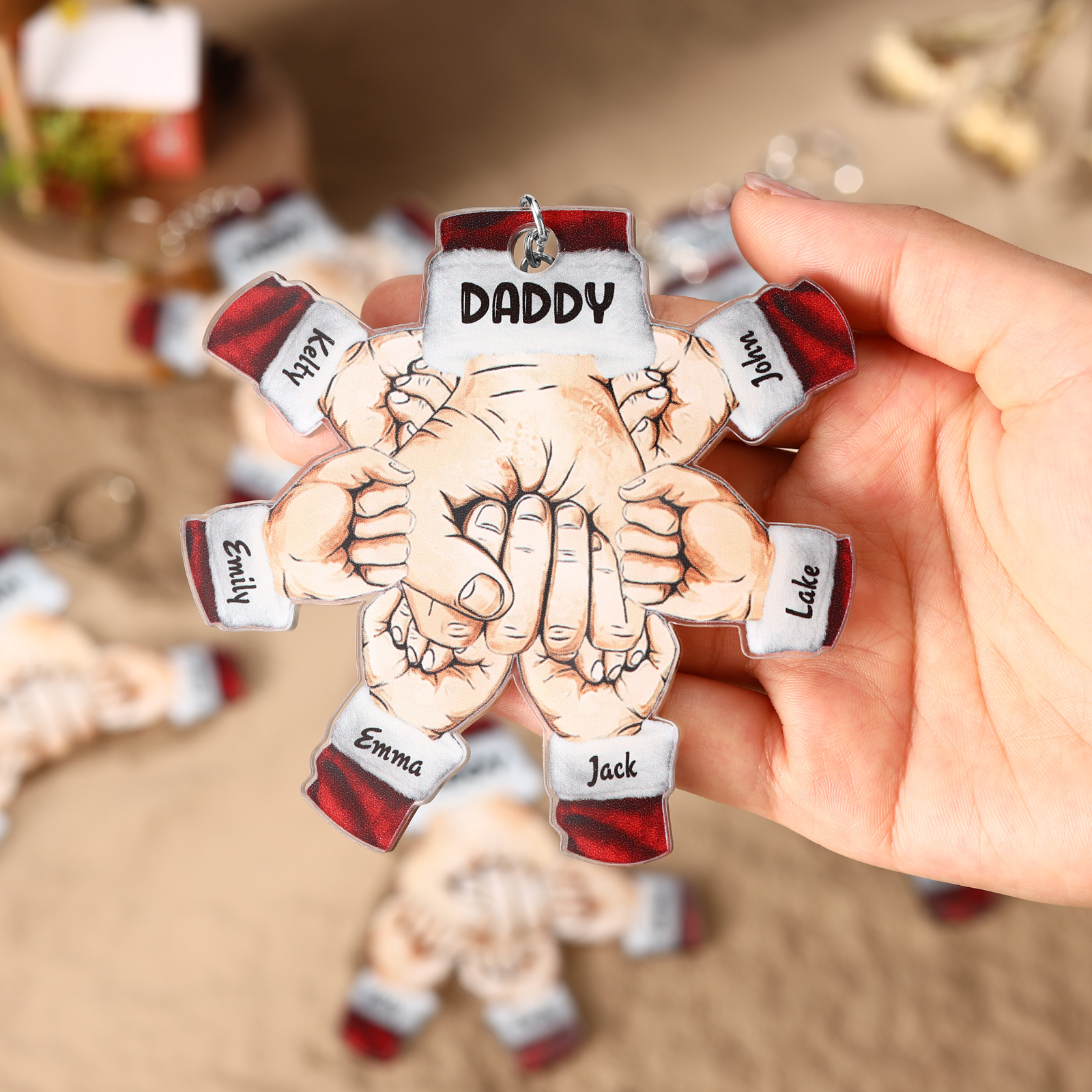 Acrylic Fist Bump Keychain Custom 6 Names & 1 Text Hanging Ornaments Personalised Christmas Keyring for Dad/Grandpa-Jessemade AU