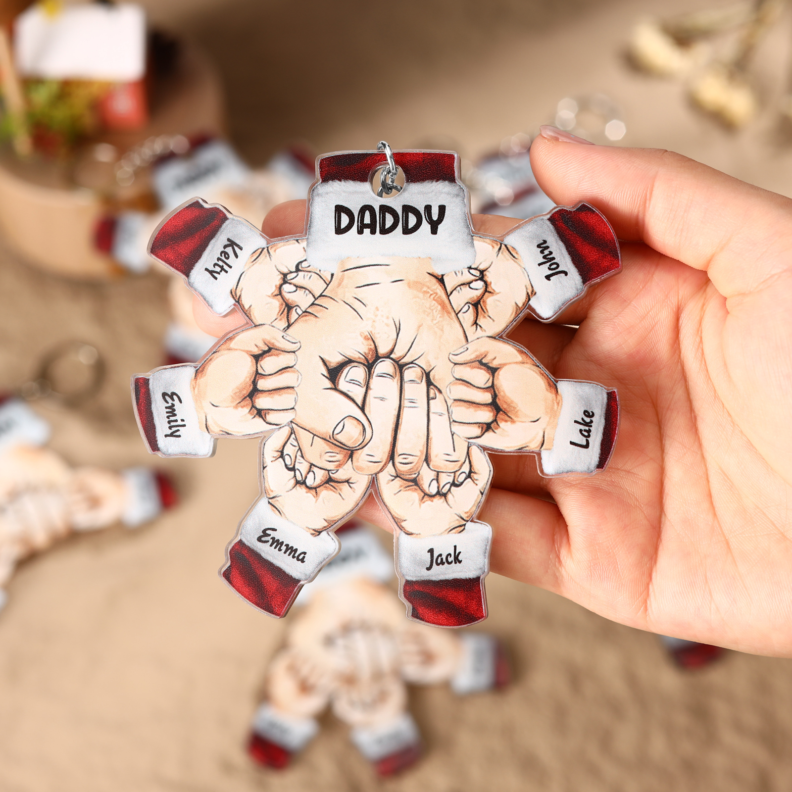 Acrylic Fist Bump Keychain Custom 6 Names & 1 Text Hanging Ornaments Personalised Christmas Keyring for Dad/Grandpa-Jessemade AU