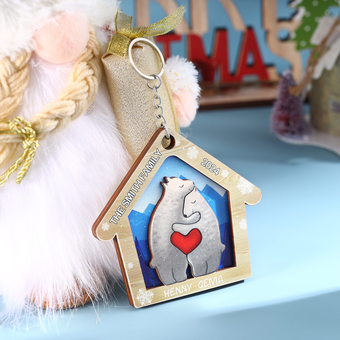 Wooden Bear Family Hanging Ornaments Personalised Text & Year Keychain Custom 2–6 Names Keyring Christmas for Family-Jessemade AU