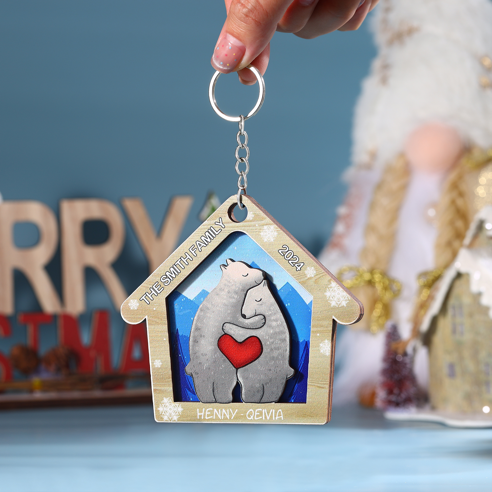 Wooden Bear Family Hanging Ornaments Personalised Text & Year Keychain Custom 2–6 Names Keyring Christmas for Family-Jessemade AU
