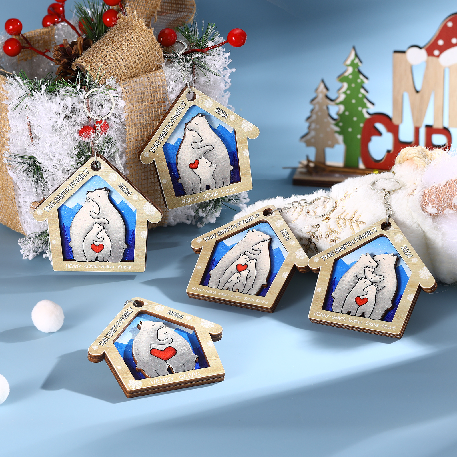 Wooden Bear Family Hanging Ornaments Personalised Text & Year Keychain Custom 2–6 Names Keyring Christmas for Family-Jessemade AU