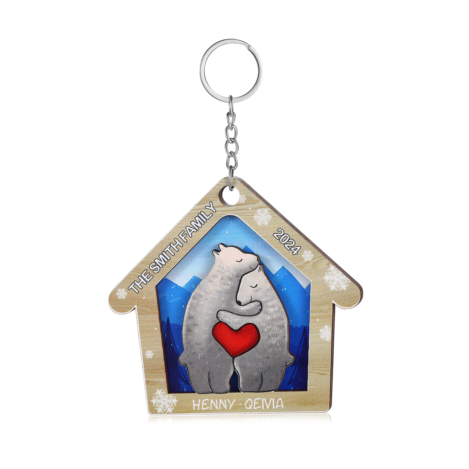 Wooden Bear Family Hanging Ornaments Personalised Text & Year Keychain Custom 2–6 Names Keyring Christmas for Family