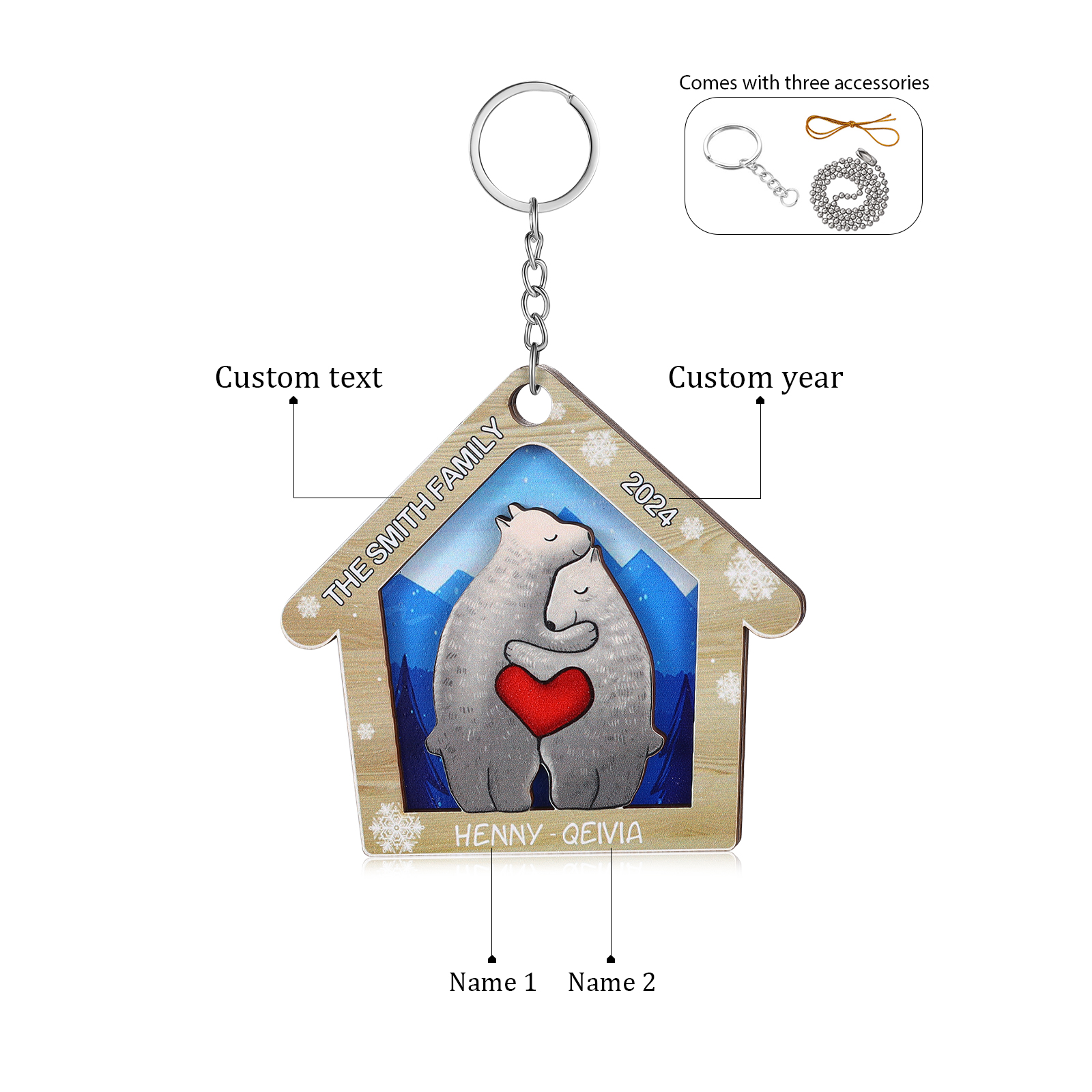 Wooden Bear Family Hanging Ornaments Personalised Text & Year Keychain Custom 2–6 Names Keyring Christmas for Family-Jessemade AU