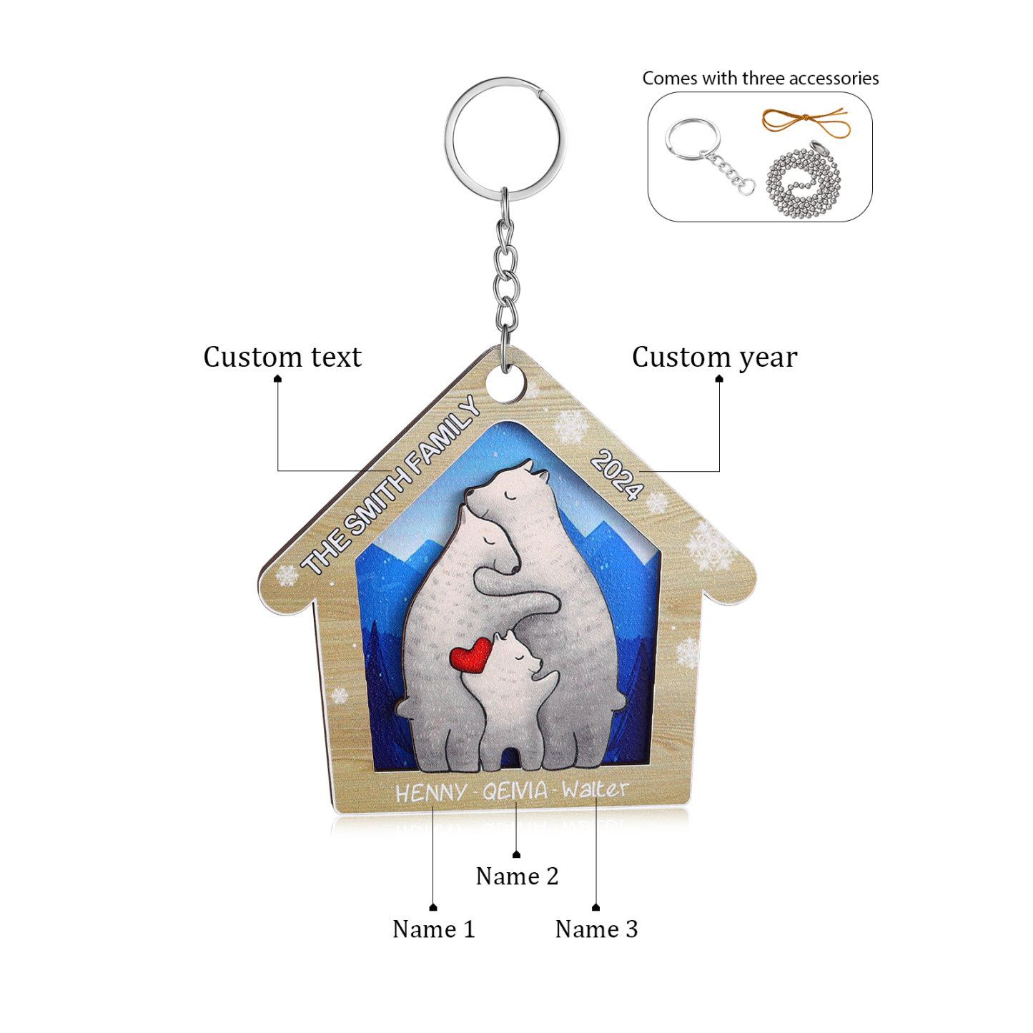 Wooden Bear Family Hanging Ornaments Personalised Text & Year Keychain Custom 2–6 Names Keyring Christmas for Family-Jessemade AU