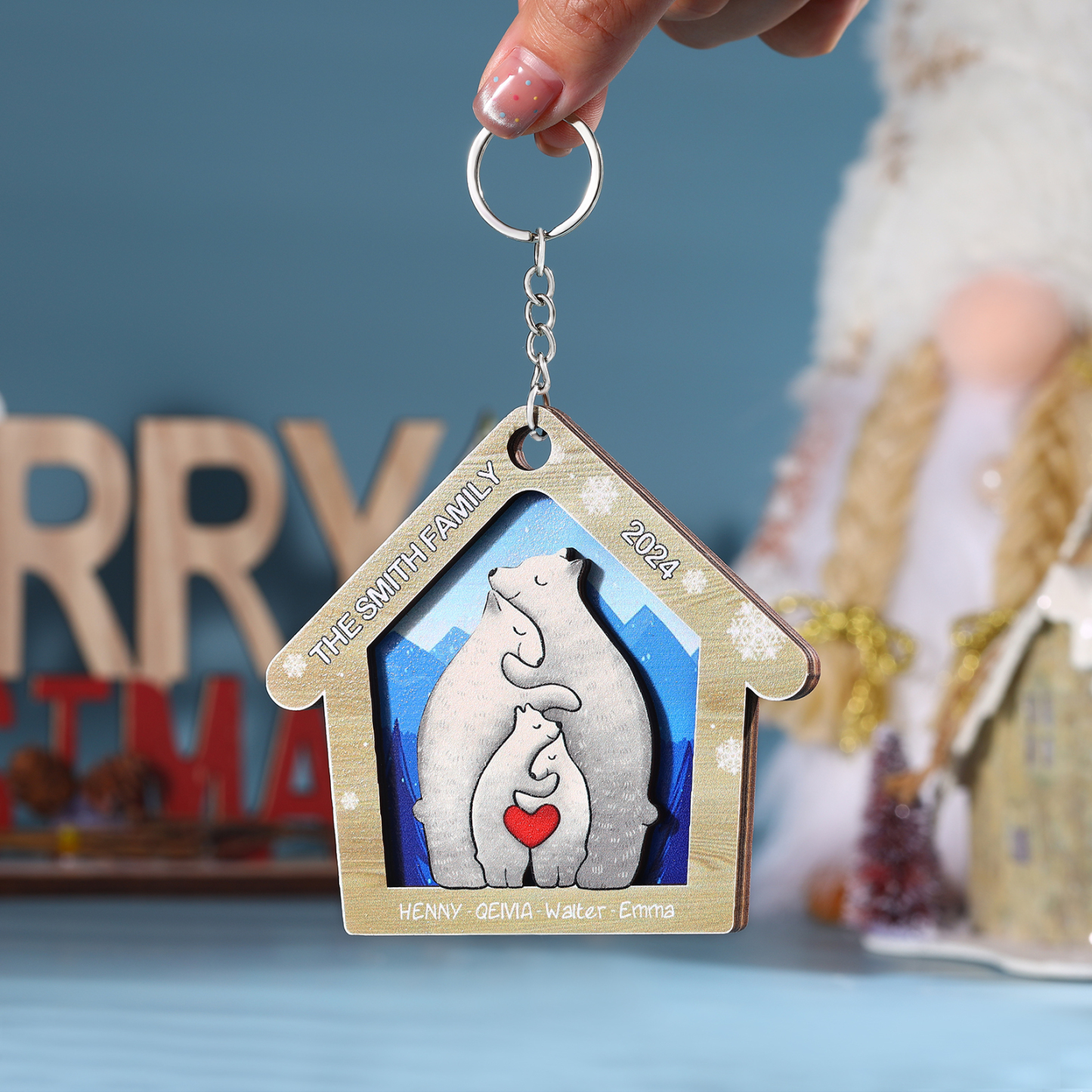 Wooden Bear Family Hanging Ornaments Personalised Text & Year Keychain Custom 2–6 Names Keyring Christmas for Family-Jessemade AU