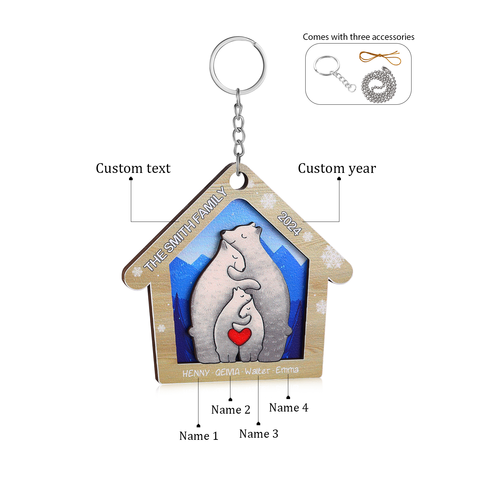 Wooden Bear Family Hanging Ornaments Personalised Text & Year Keychain Custom 2–6 Names Keyring Christmas for Family-Jessemade AU