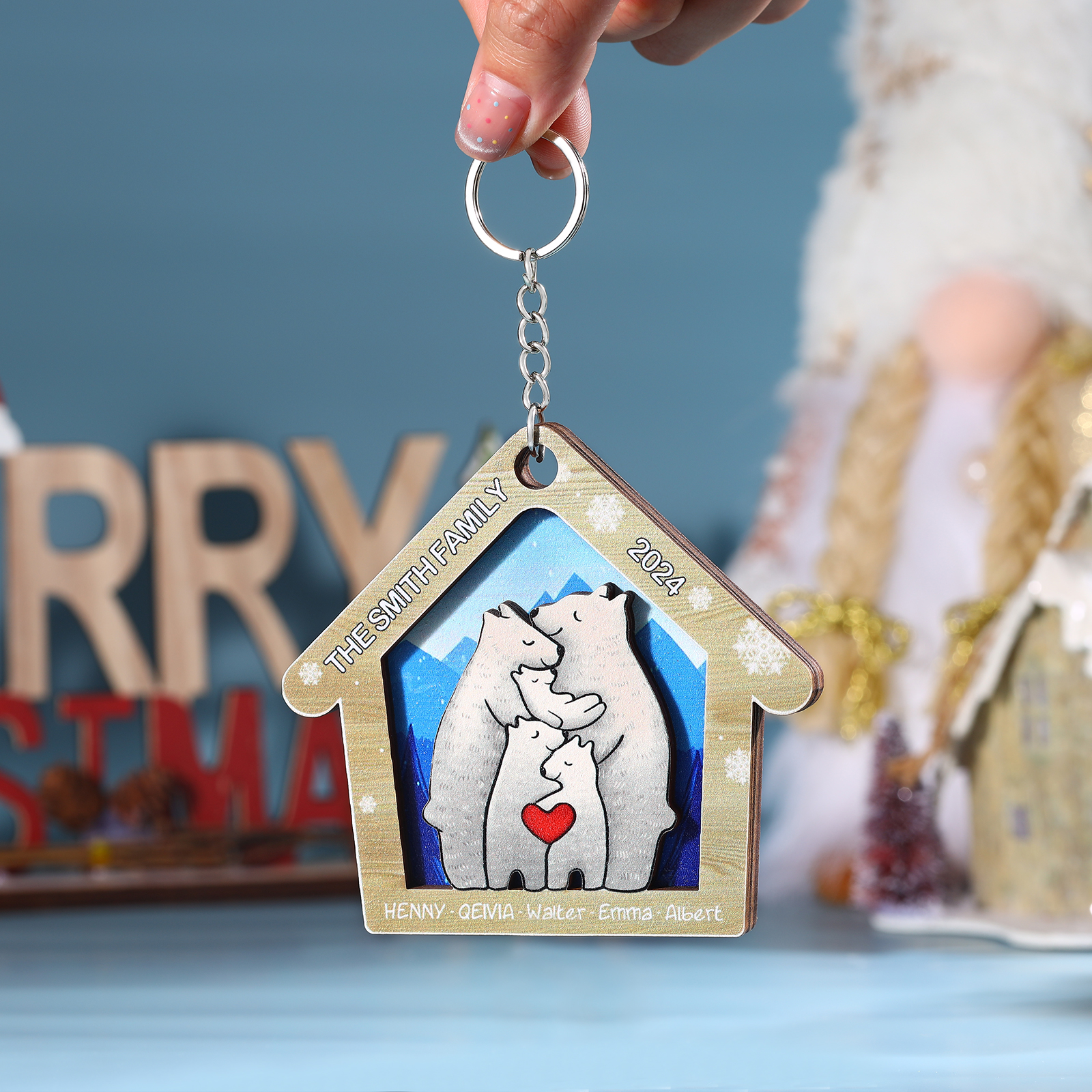 Wooden Bear Family Hanging Ornaments Personalised Text & Year Keychain Custom 2–6 Names Keyring Christmas for Family-Jessemade AU