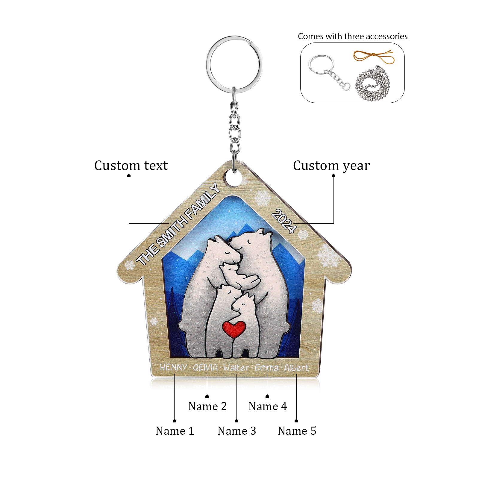 Wooden Bear Family Hanging Ornaments Personalised Text & Year Keychain Custom 2–6 Names Keyring Christmas for Family-Jessemade AU
