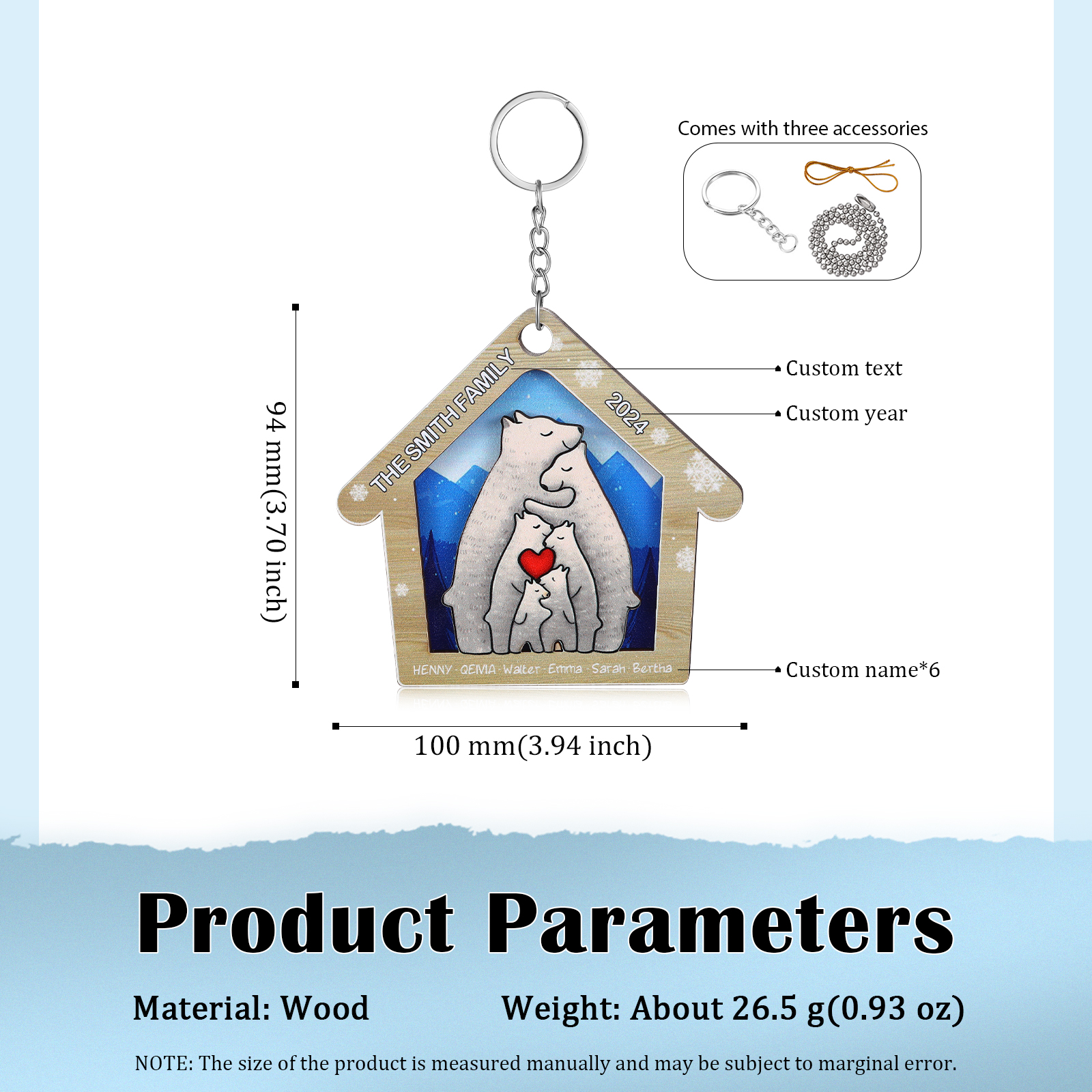 Wooden Bear Family Hanging Ornaments Personalised Text & Year Keychain Custom 2–6 Names Keyring Christmas for Family-Jessemade AU