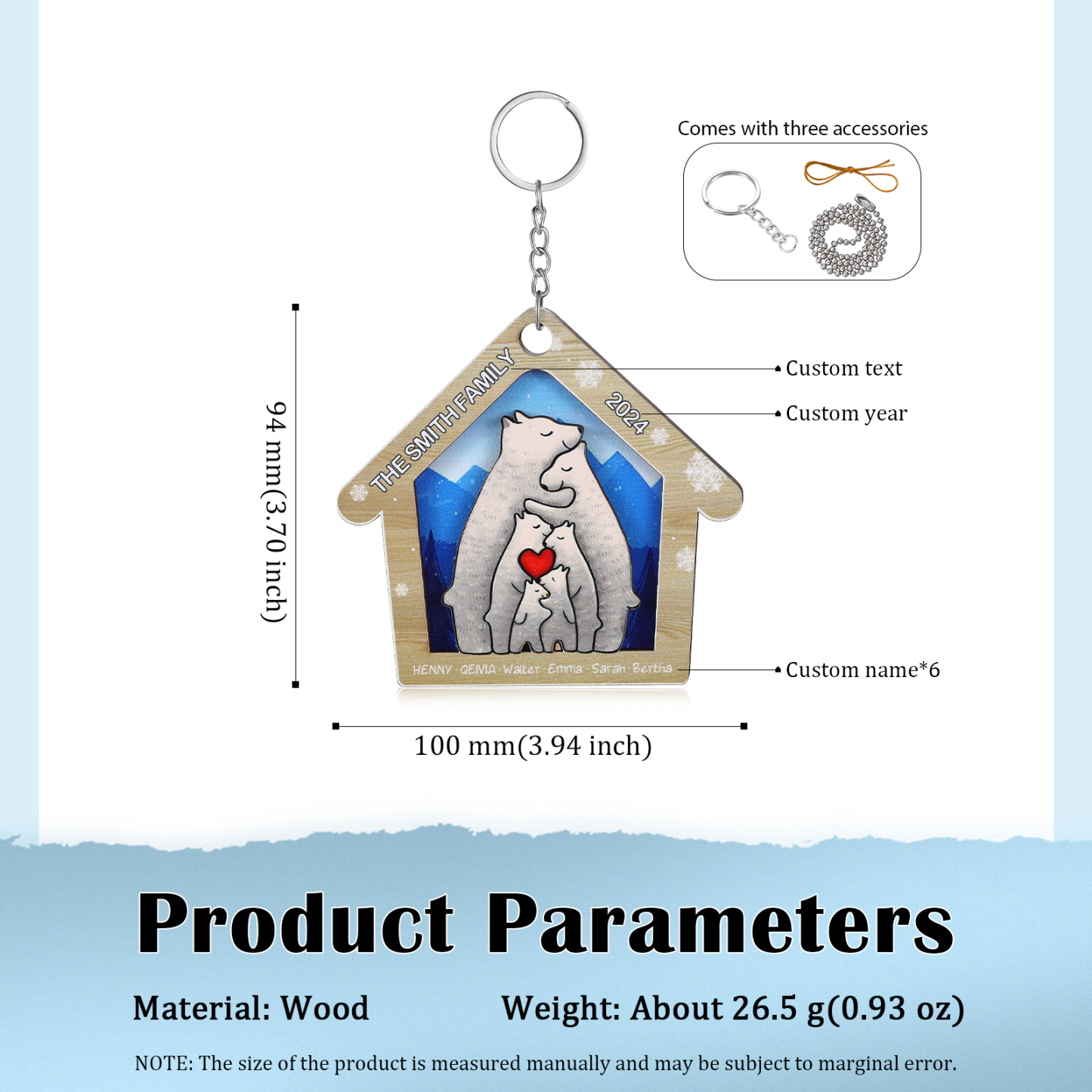 Wooden Bear Family Hanging Ornaments Personalised Text & Year Keychain Custom 2–6 Names Keyring Christmas for Family-Jessemade AU