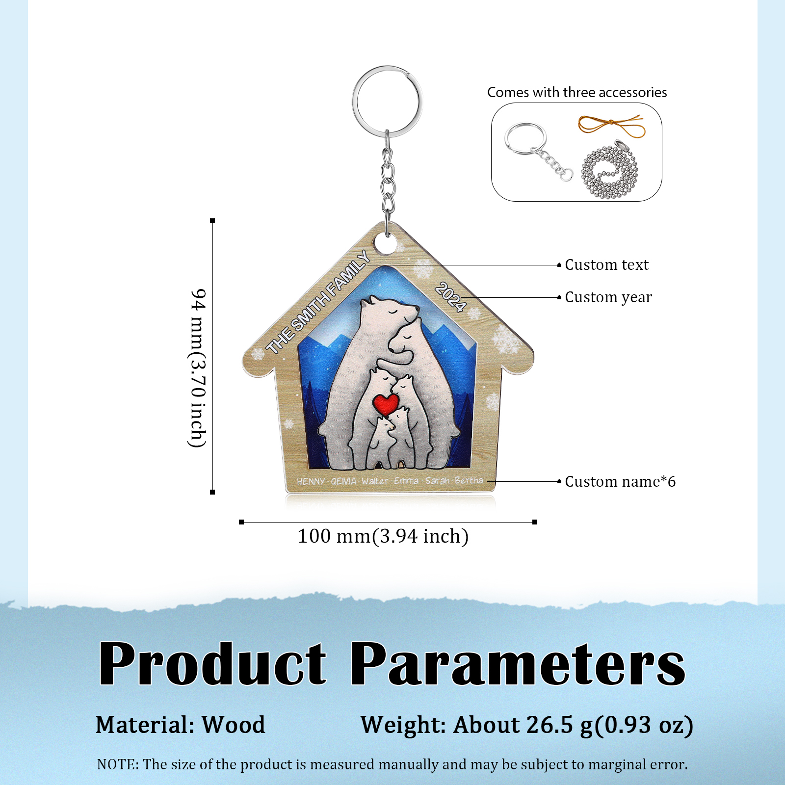 Wooden Bear Family Hanging Ornaments Personalised Text & Year Keychain Custom 2–6 Names Keyring Christmas for Family-Jessemade AU