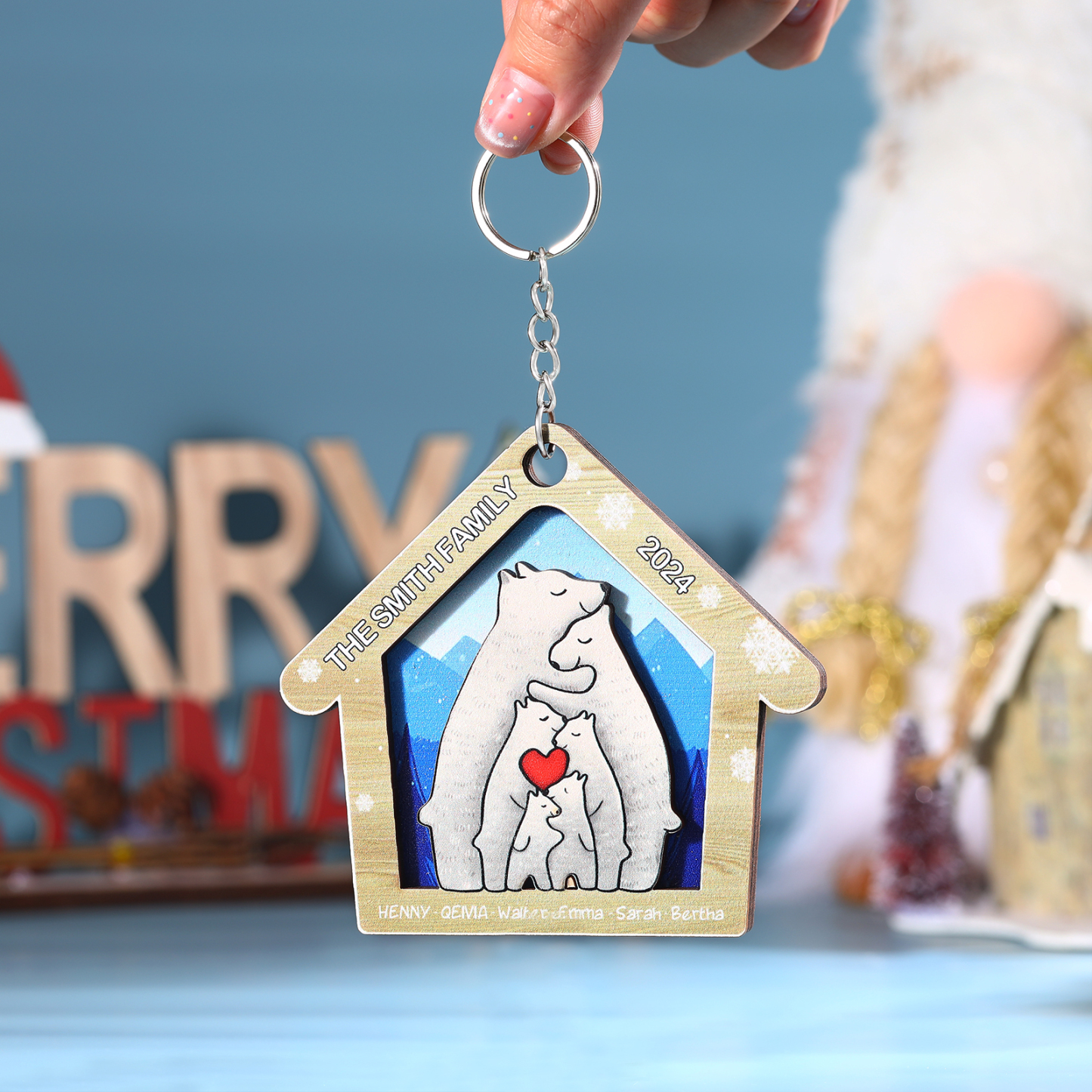 Wooden Bear Family Hanging Ornaments Personalised Text & Year Keychain Custom 2–6 Names Keyring Christmas for Family-Jessemade AU