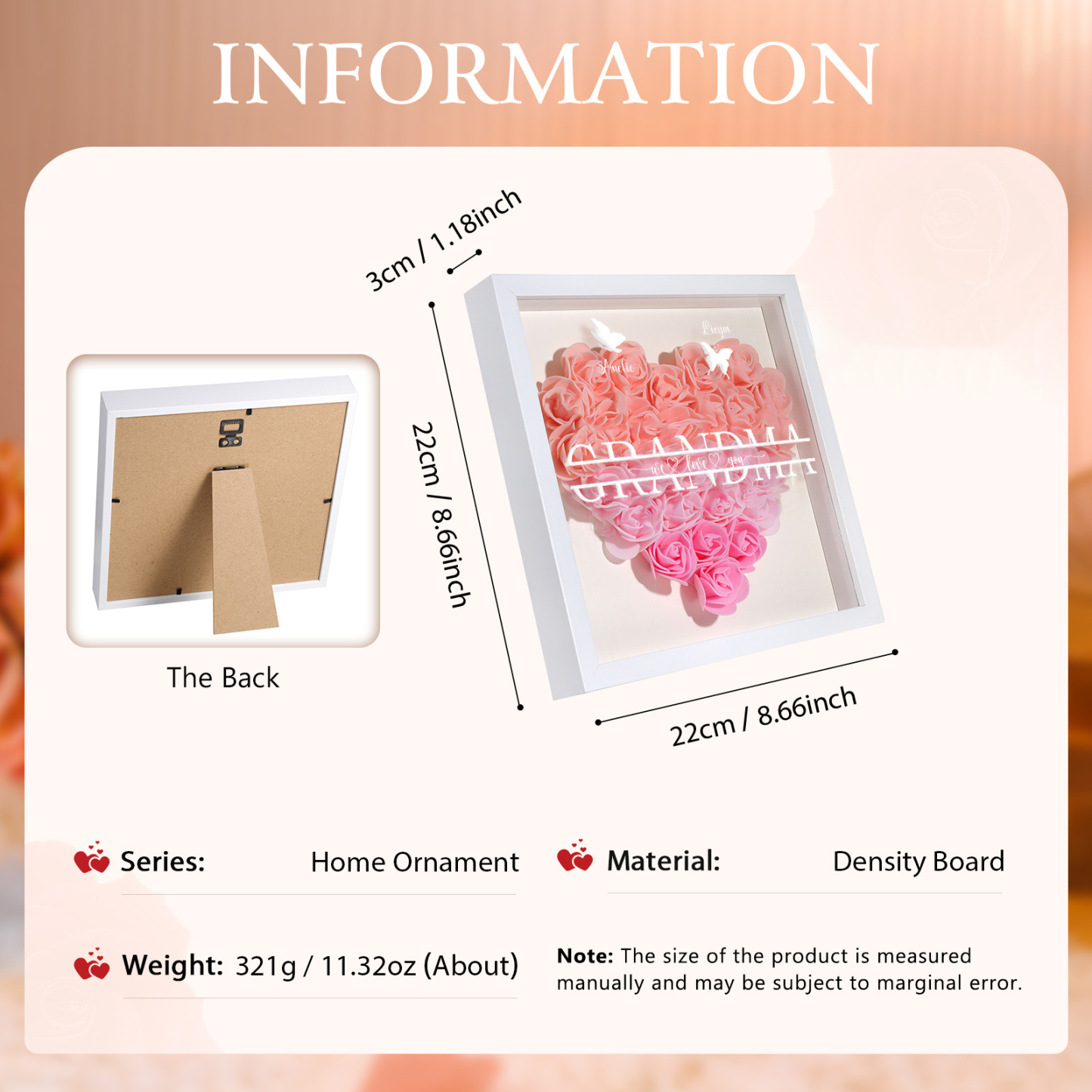 Personalised Flower Shadow Box Custom 2-7 Names & 1 Text Heart Rose Frame Decor Gift for Grandma | Jessemade-Jessemade AU