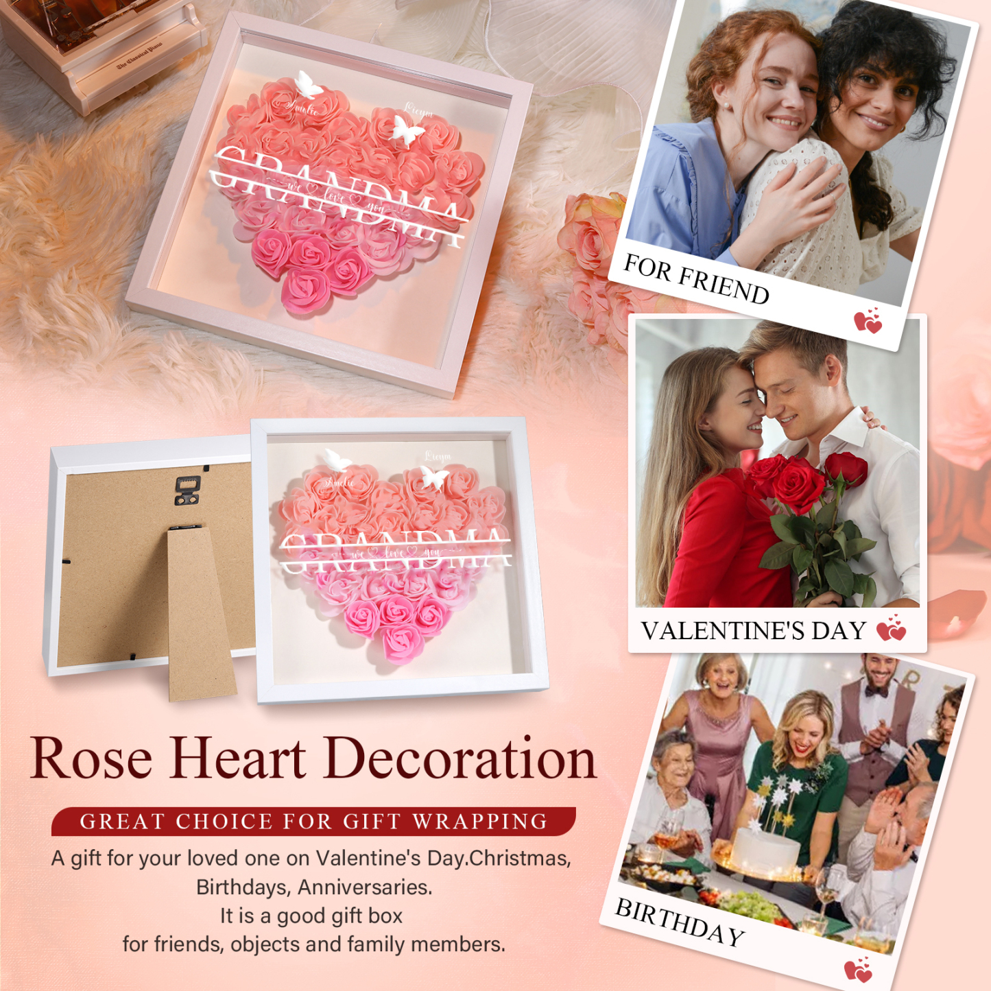 Personalised Flower Shadow Box Custom 2-7 Names & 1 Text Heart Rose Frame Decor Gift for Grandma | Jessemade-Jessemade AU
