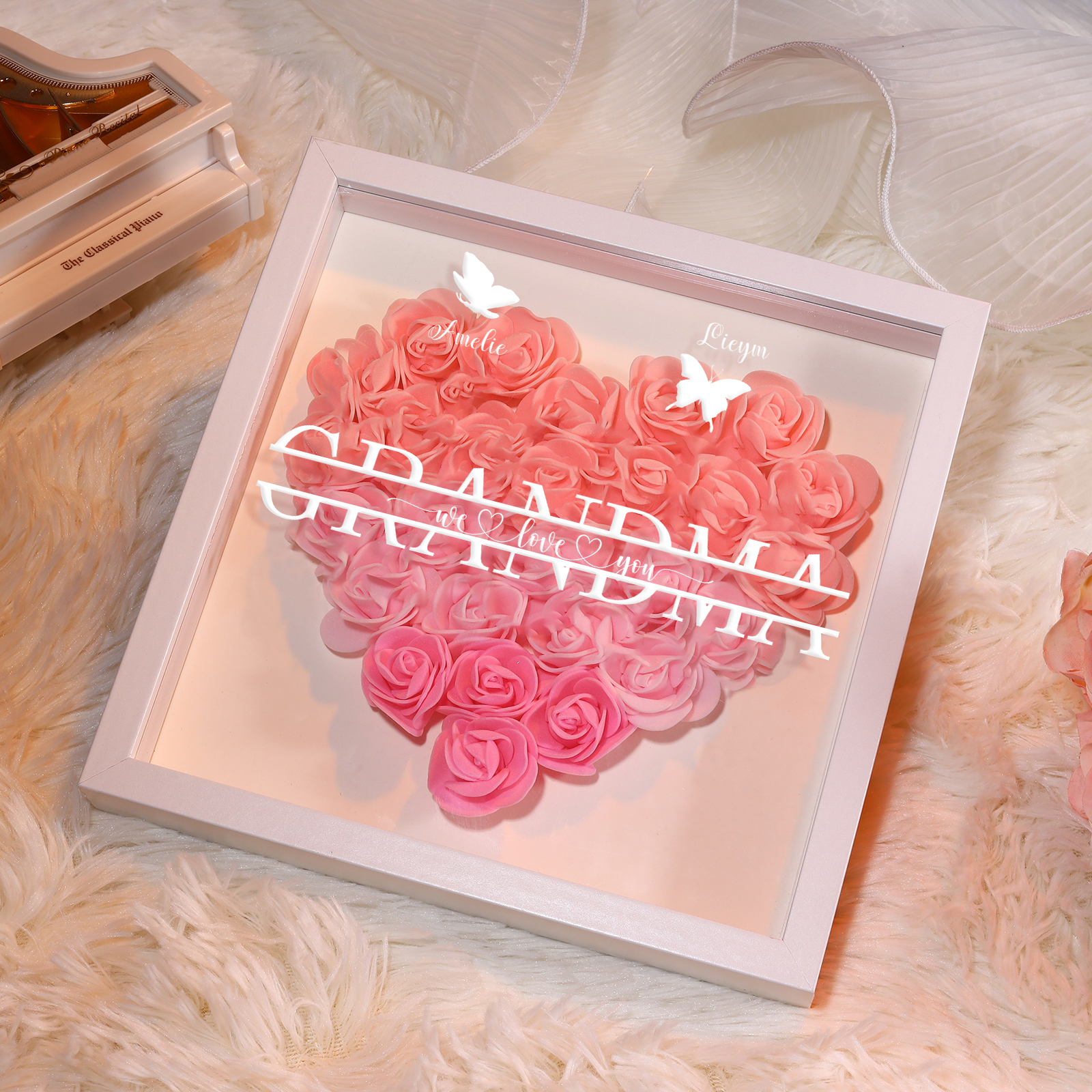 Personalised Flower Shadow Box Custom 2-7 Names & 1 Text Heart Rose Frame Decor Gift for Grandma | Jessemade-Jessemade AU