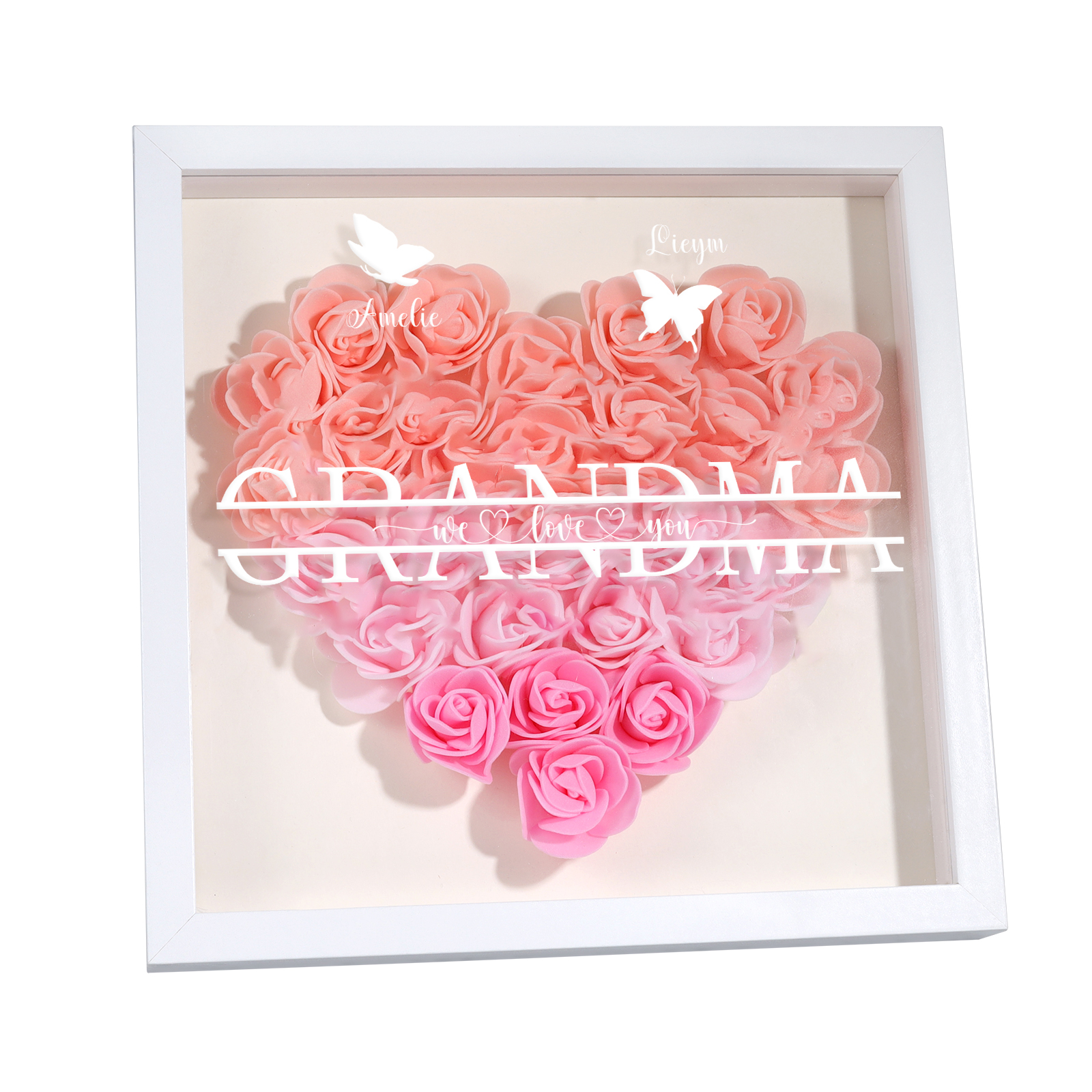 Personalised Flower Shadow Box Custom 2-7 Names & 1 Text Heart Rose Frame Decor Gift for Grandma | Jessemade-Jessemade AU
