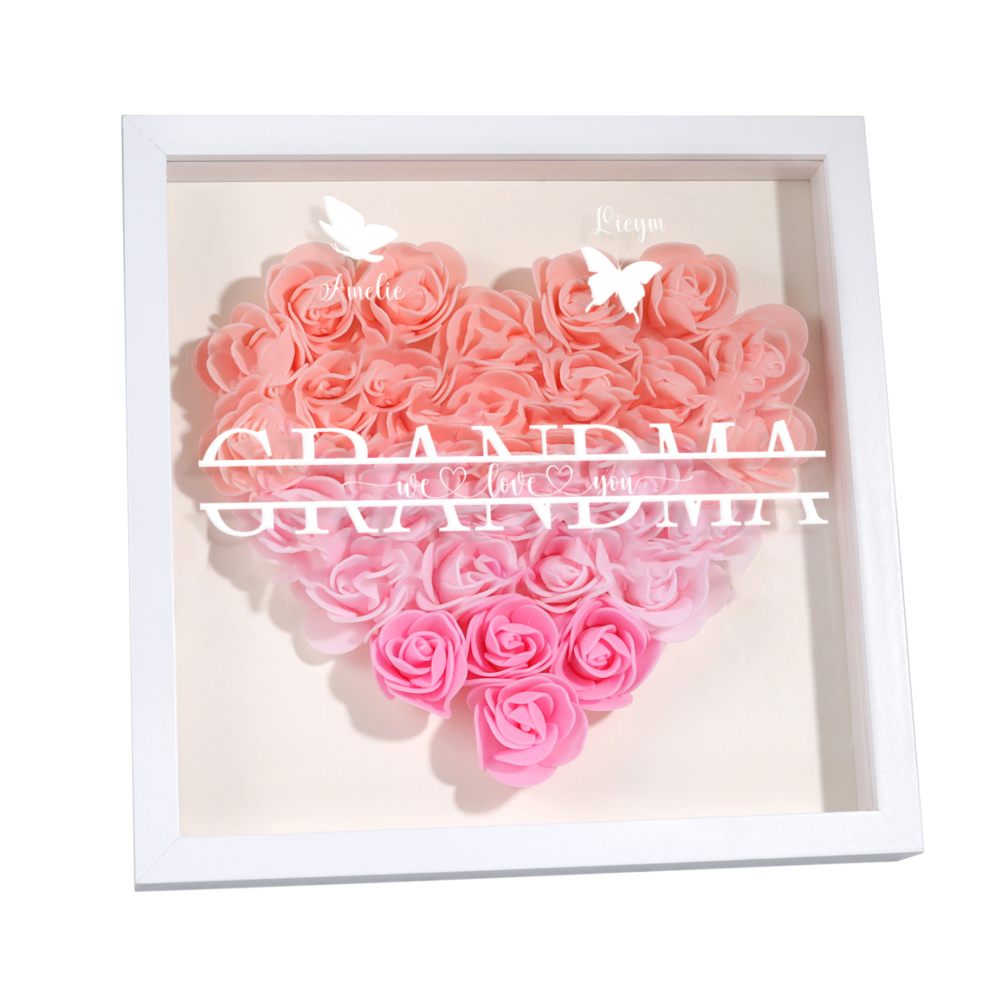 Personalised Flower Shadow Box Custom 2-7 Names & 1 Text Heart Rose Frame Decor Gift for Grandma | Jessemade-Jessemade AU