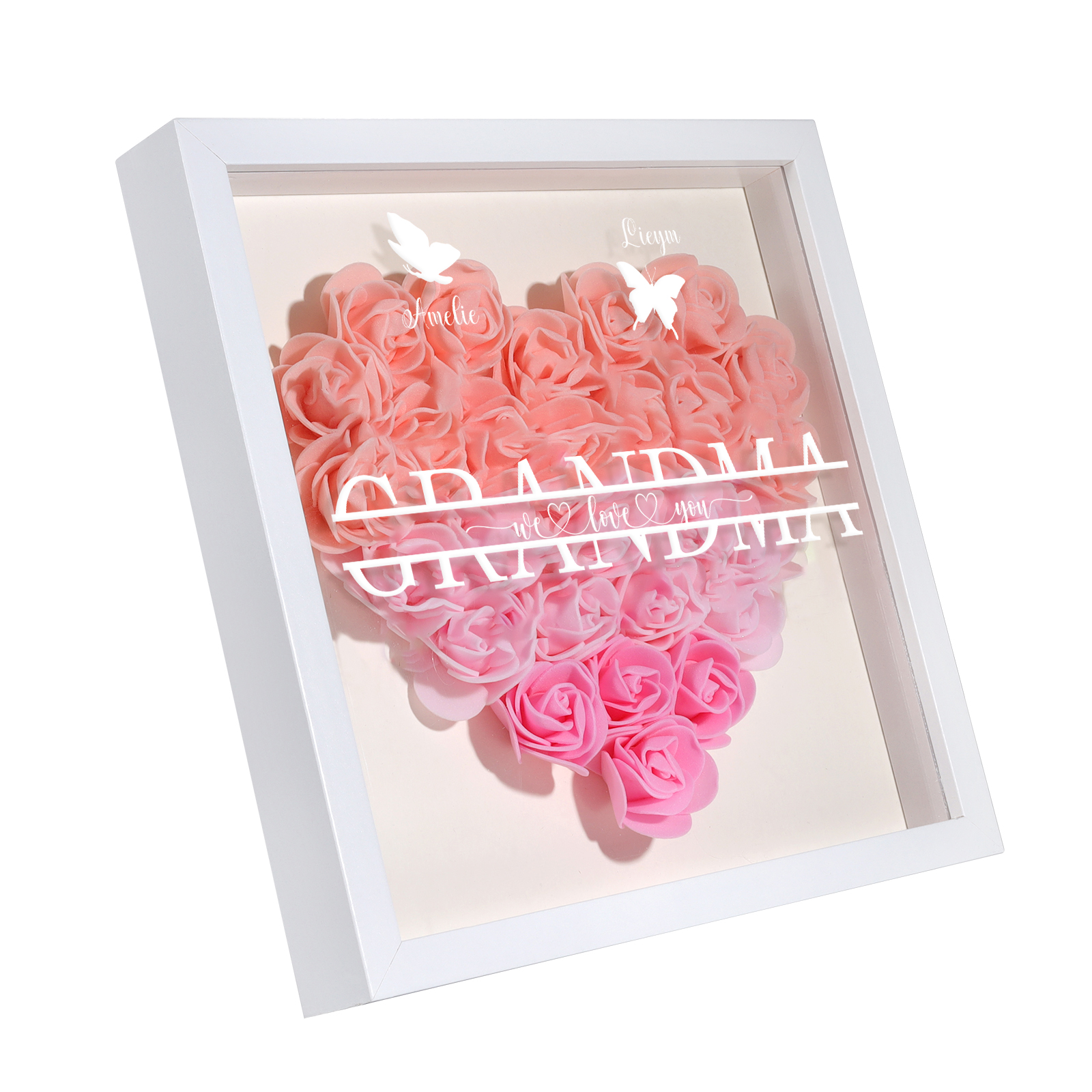 Personalised Flower Shadow Box Custom 2-7 Names & 1 Text Heart Rose Frame Decor Gift for Grandma | Jessemade-Jessemade AU