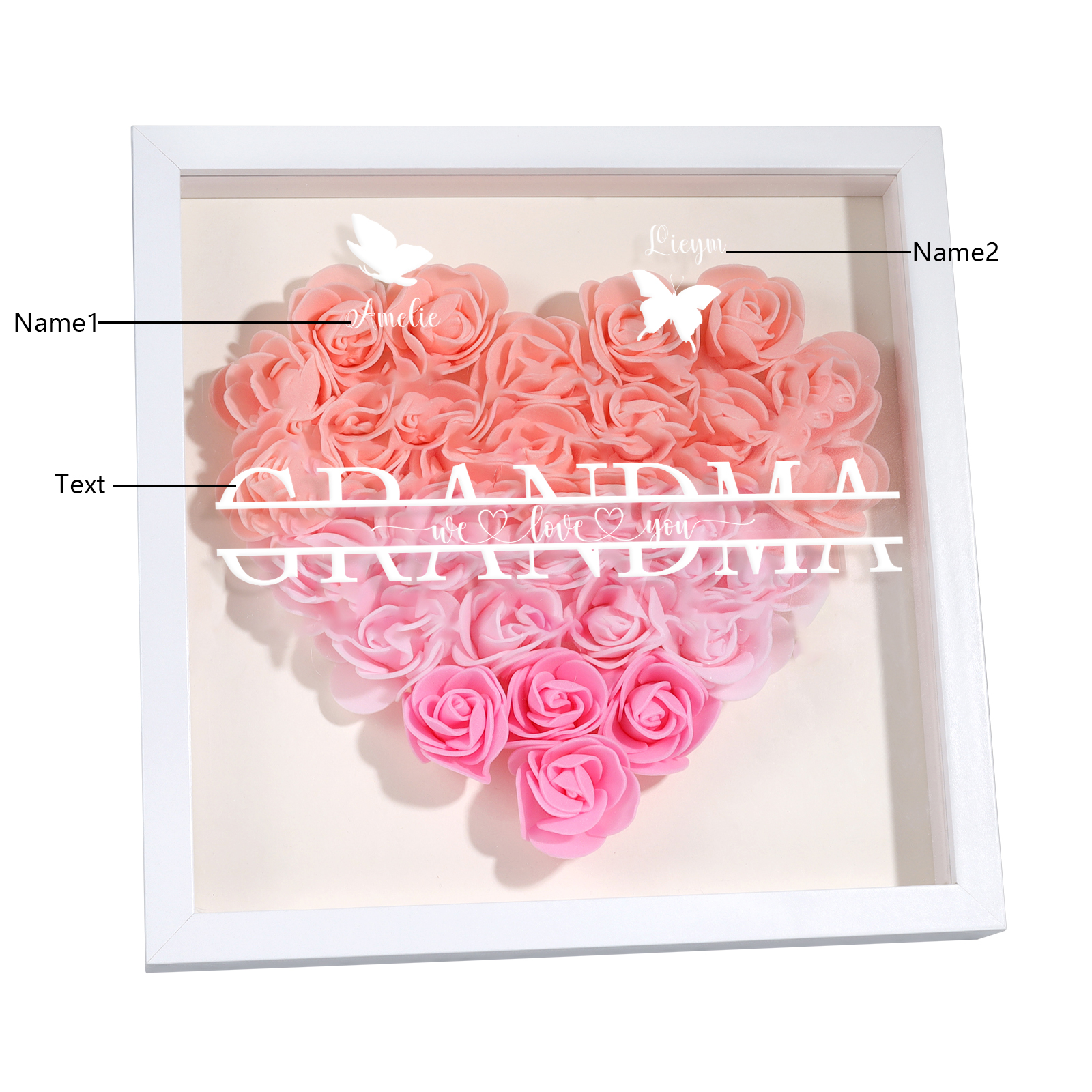 Personalised Flower Shadow Box Custom 2-7 Names & 1 Text Heart Rose Frame Decor Gift for Grandma | Jessemade-Jessemade AU