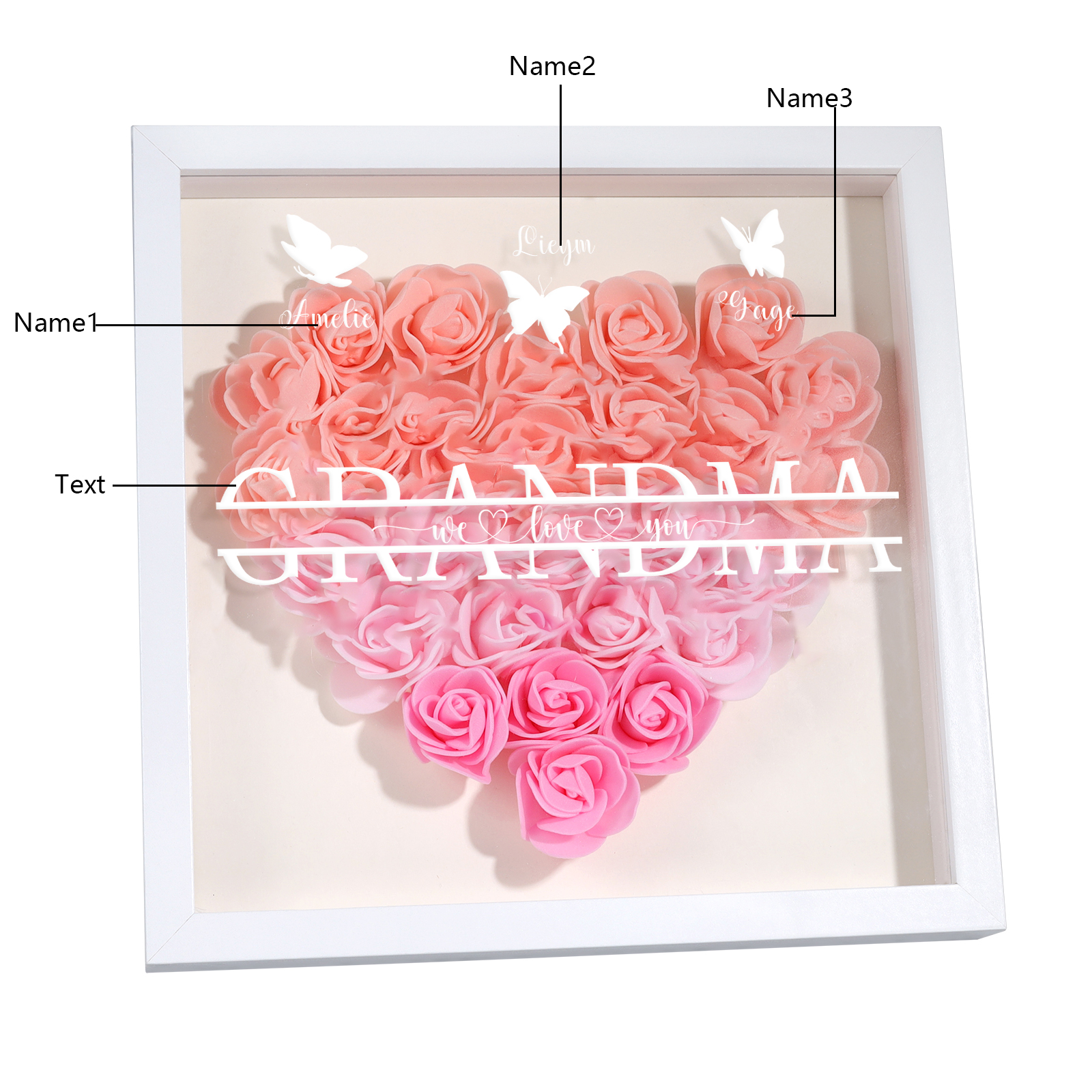 Personalised Flower Shadow Box Custom 2-7 Names & 1 Text Heart Rose Frame Decor Gift for Grandma | Jessemade-Jessemade AU