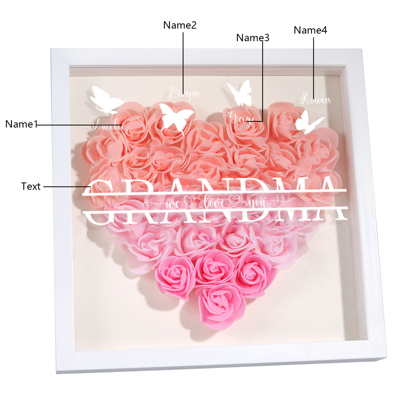 Personalised Flower Shadow Box Custom 2-7 Names & 1 Text Heart Rose Frame Decor Gift for Grandma | Jessemade-Jessemade AU
