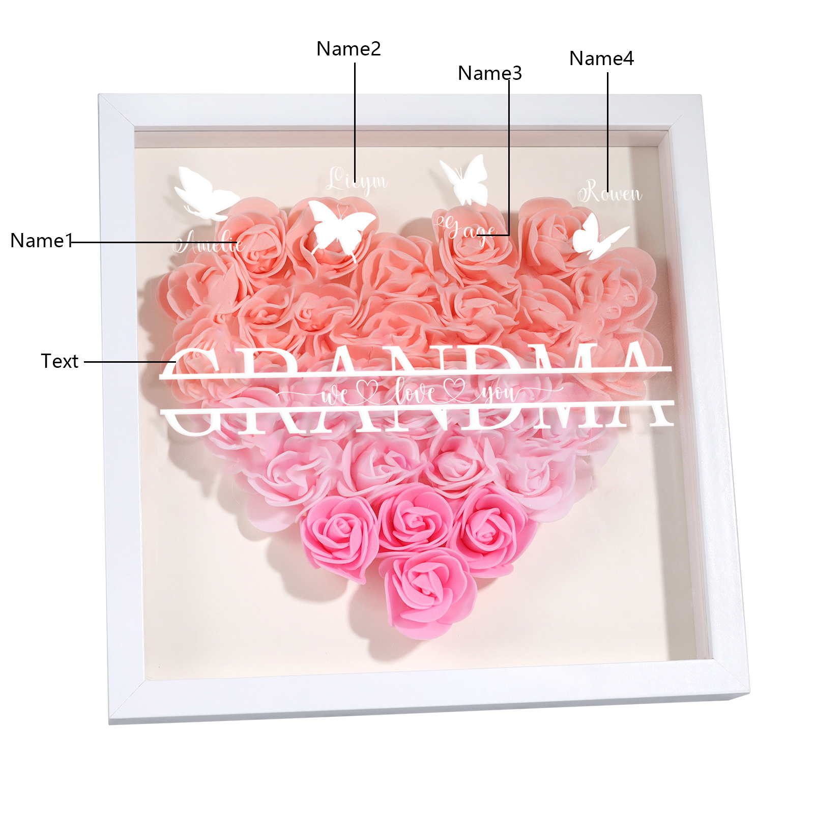 Personalised Flower Shadow Box Custom 2-7 Names & 1 Text Heart Rose Frame Decor Gift for Grandma | Jessemade-Jessemade AU