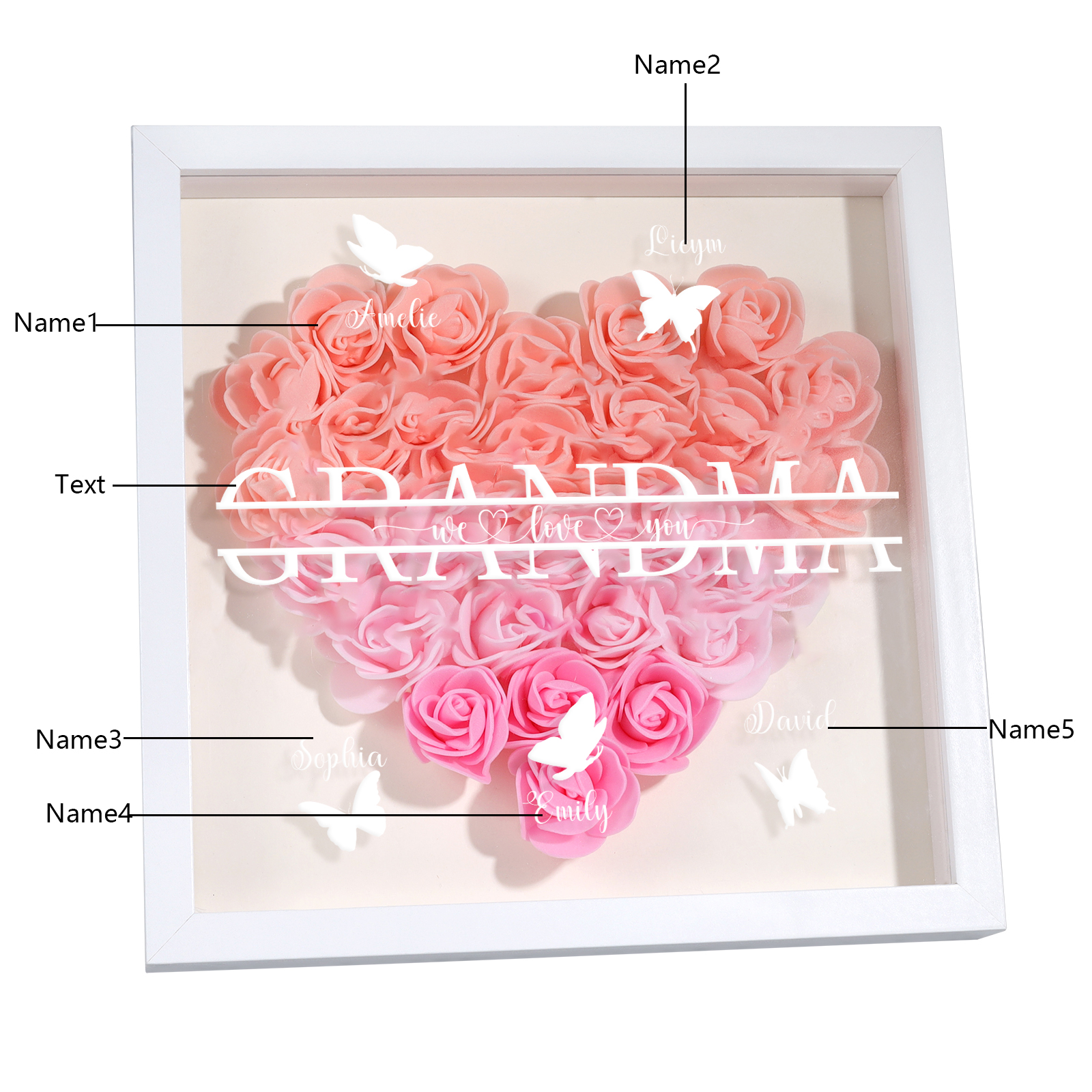 Personalised Flower Shadow Box Custom 2-7 Names & 1 Text Heart Rose Frame Decor Gift for Grandma | Jessemade-Jessemade AU