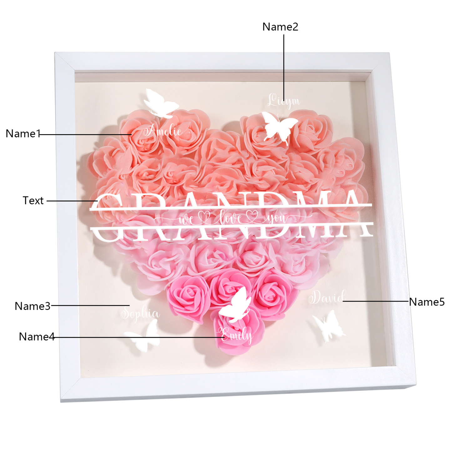 Personalised Flower Shadow Box Custom 2-7 Names & 1 Text Heart Rose Frame Decor Gift for Grandma | Jessemade-Jessemade AU