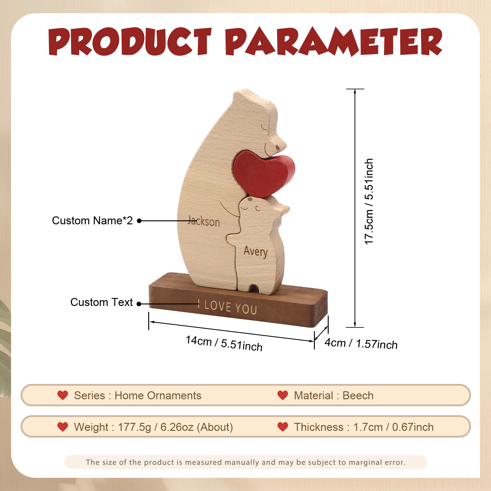 Personalised Bear Family Ornament Custom 2 Names & 1 Text Puzzles Home Decor Gifts for Family-Jessemade AU