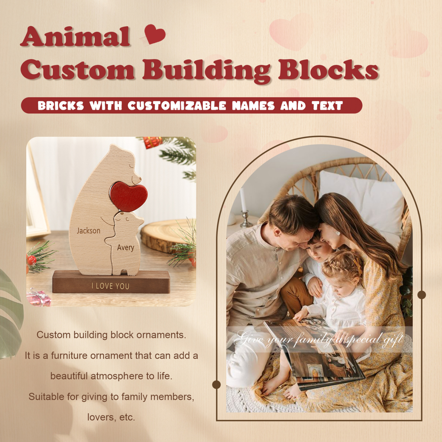 Personalised Bear Family Ornament Custom 2 Names & 1 Text Puzzles Home Decor Gifts for Family-Jessemade AU