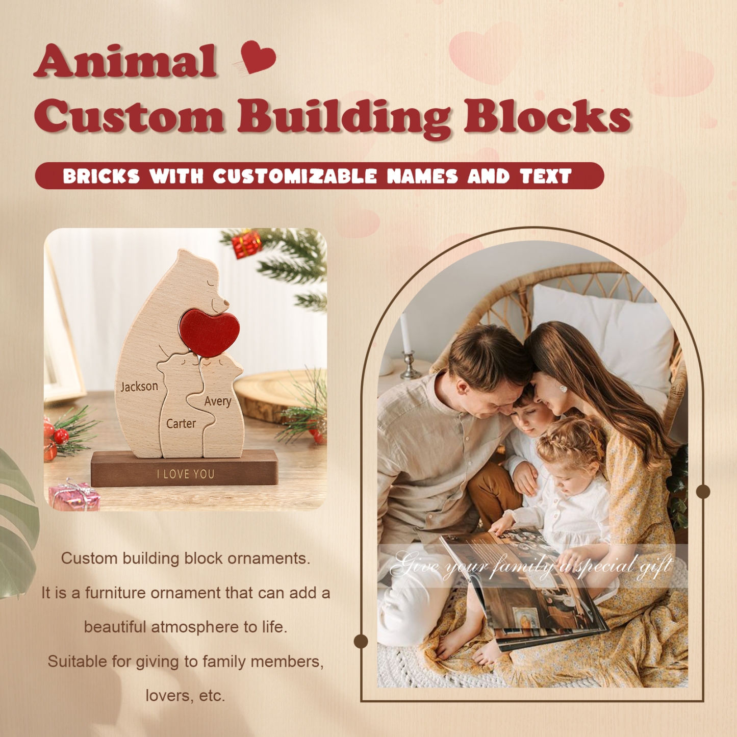 Personalised Bear Family Ornament Custom 3 Names & 1 Text Puzzles Home Decor Gifts for Family-Jessemade AU