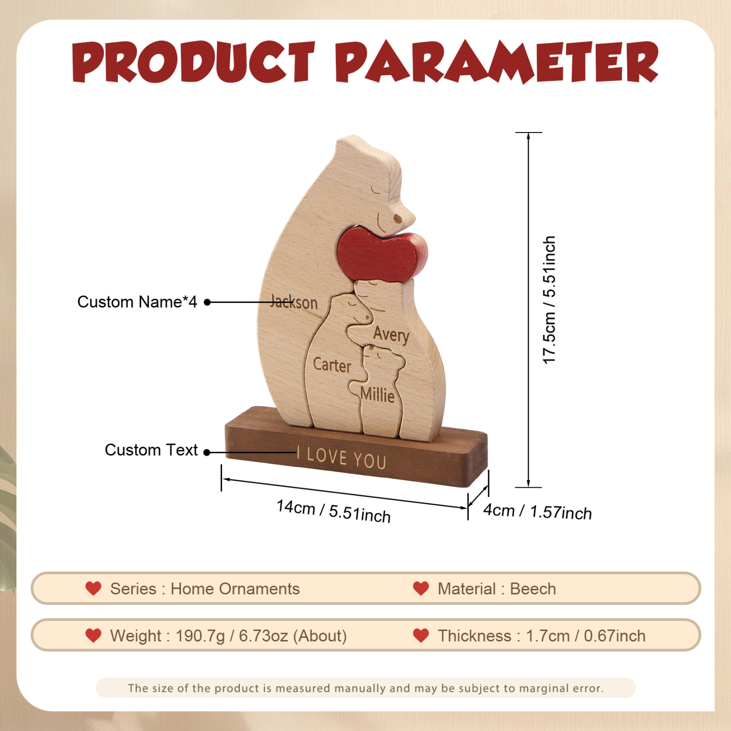 Personalised Bear Family Ornament Custom 4 Names & 1 Text Puzzles Home Decor Gifts for Family-Jessemade AU