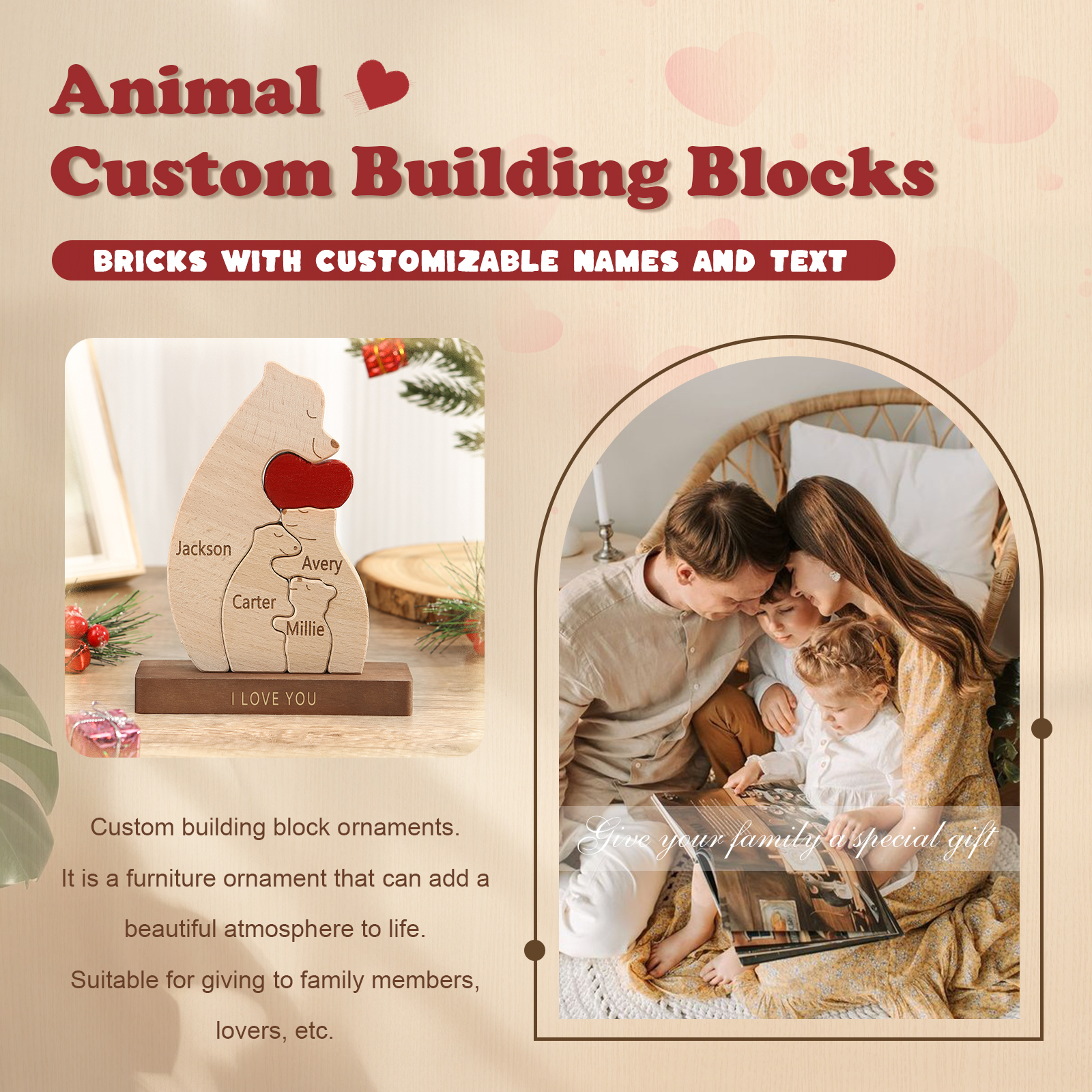 Personalised Bear Family Ornament Custom 4 Names & 1 Text Puzzles Home Decor Gifts for Family-Jessemade AU