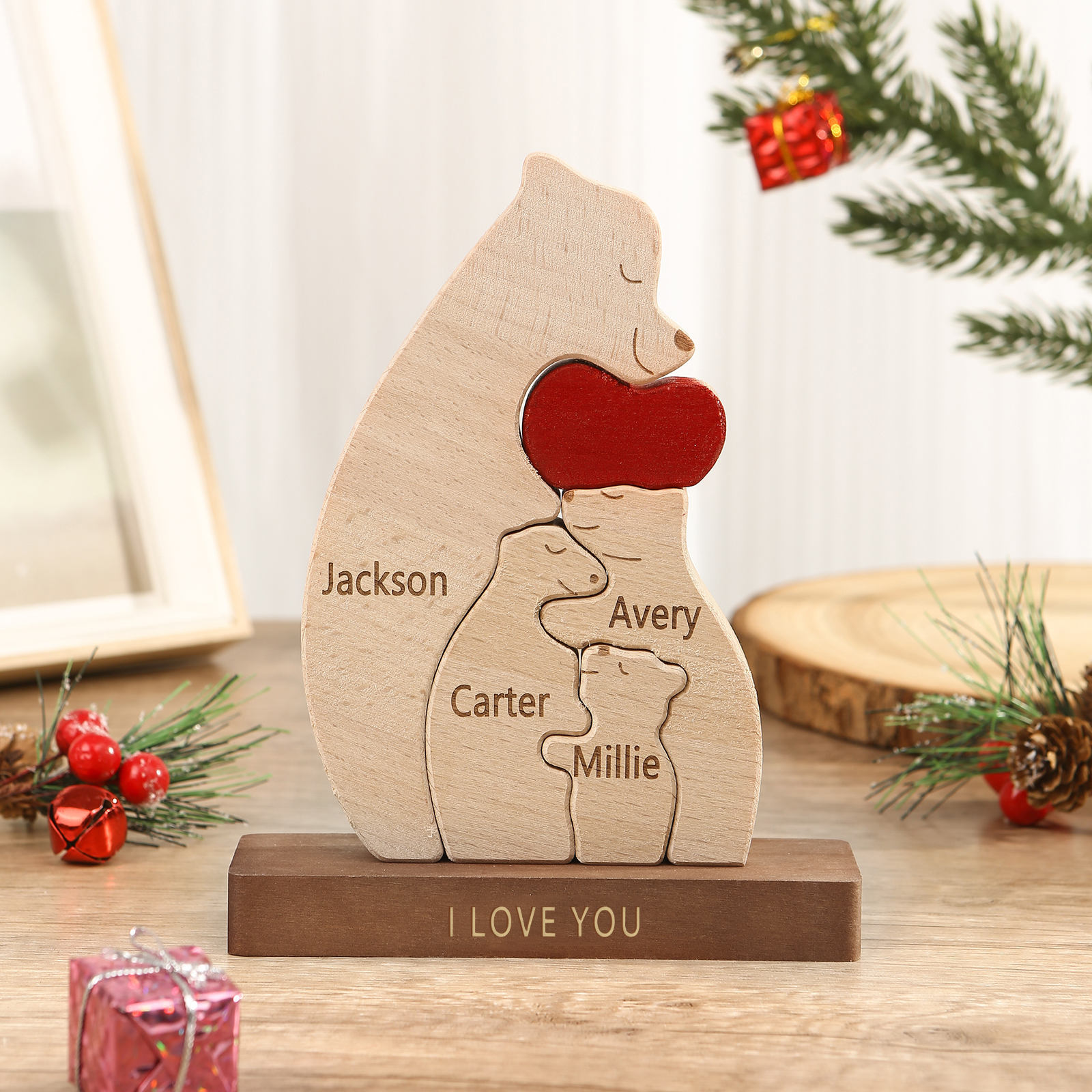 Personalized Bear Family Ornament Custom 4 Names & 1 Text Puzzles Home Decor Gifts for Family