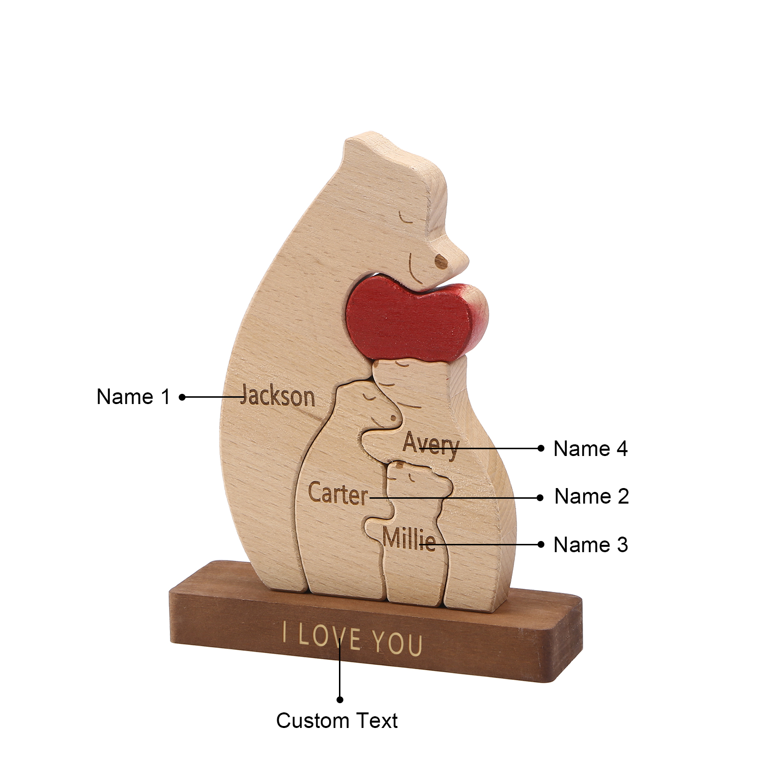 Personalized Bear Family Ornament Custom 4 Names & 1 Text Puzzles Home Decor Gifts for Family