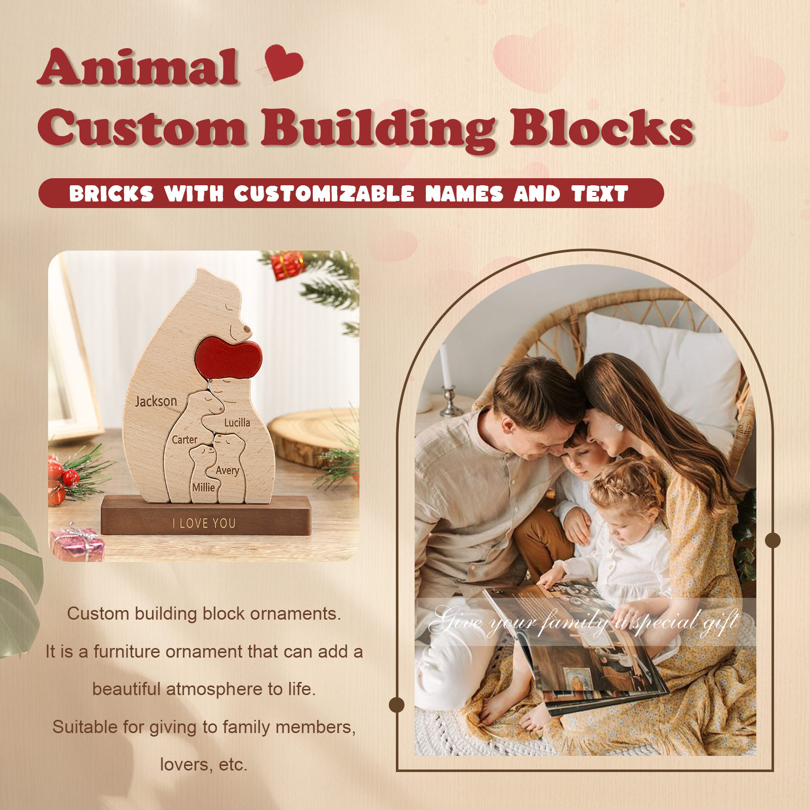 Personalised Bear Family Ornament Custom 5 Names & 1 Text Puzzles Home Decor Gifts for Family-Jessemade AU