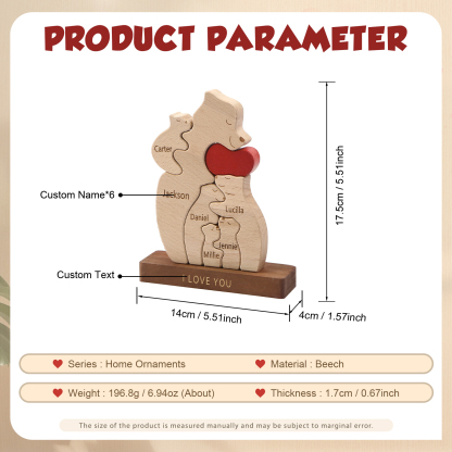 Personalised Bear Family Ornament Custom 6 Names & 1 Text Puzzles Home Decor Gifts for Family-Jessemade AU