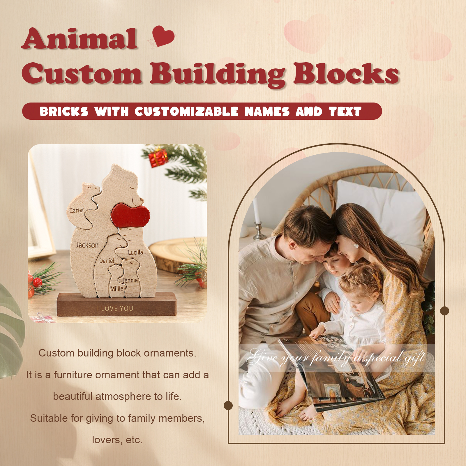 Personalised Bear Family Ornament Custom 6 Names & 1 Text Puzzles Home Decor Gifts for Family-Jessemade AU