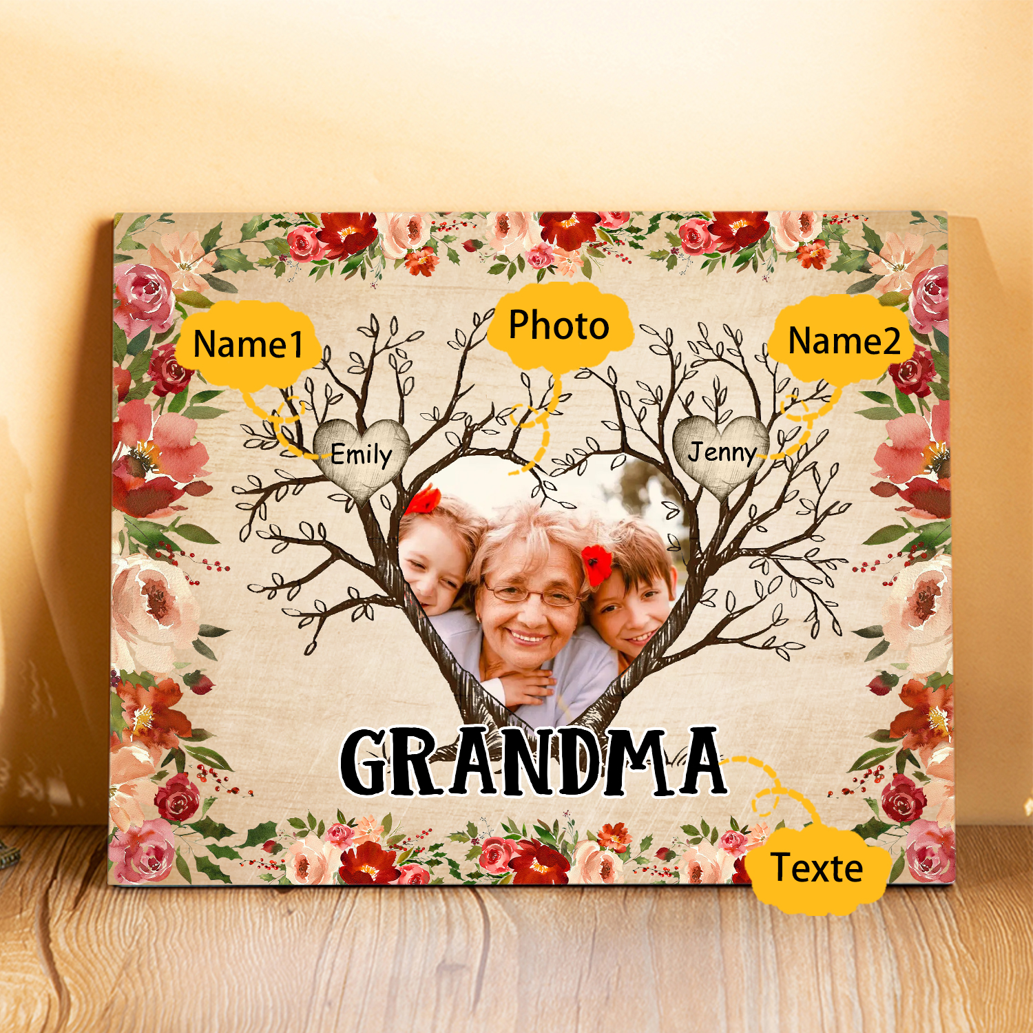 Personalised Text & Photo Wooden Plaque Custom 2–9 Names Family Tree Home Decor Gift for Grandma/Mother-Jessemade AU