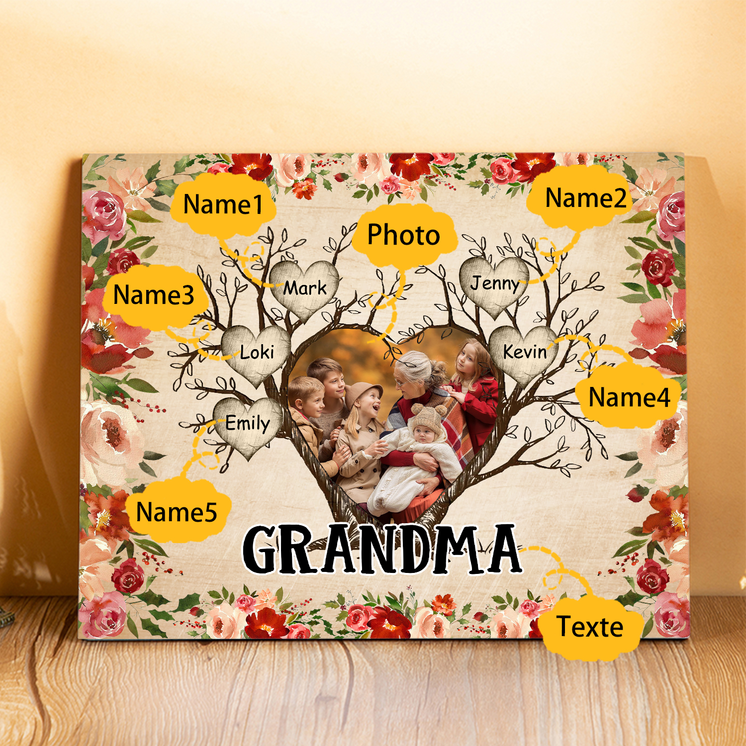 Personalised Text & Photo Wooden Plaque Custom 2–9 Names Family Tree Home Decor Gift for Grandma/Mother-Jessemade AU