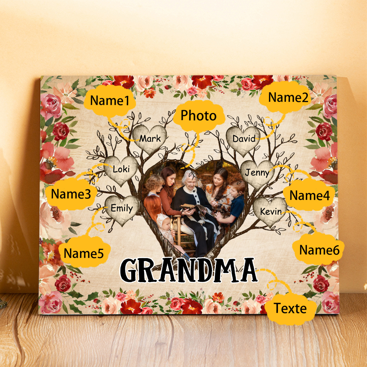 Personalised Text & Photo Wooden Plaque Custom 2–9 Names Family Tree Home Decor Gift for Grandma/Mother-Jessemade AU
