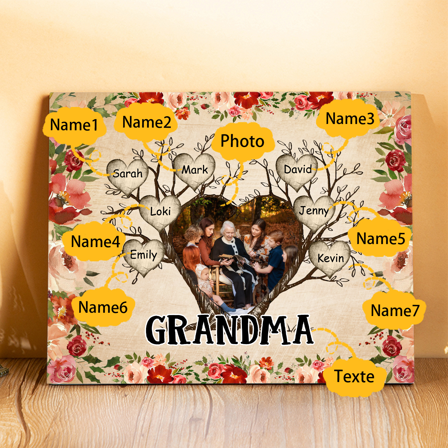 Personalised Text & Photo Wooden Plaque Custom 2–9 Names Family Tree Home Decor Gift for Grandma/Mother-Jessemade AU