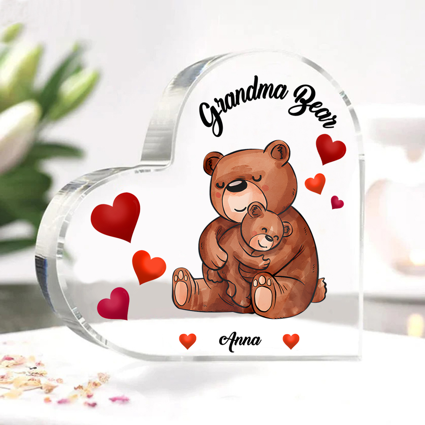 Personalised Bear Family Acrylic Heart Plaque Custom 1 Text & 1–6 Names Ornament Gifts for Grandma/Mother-Jessemade AU