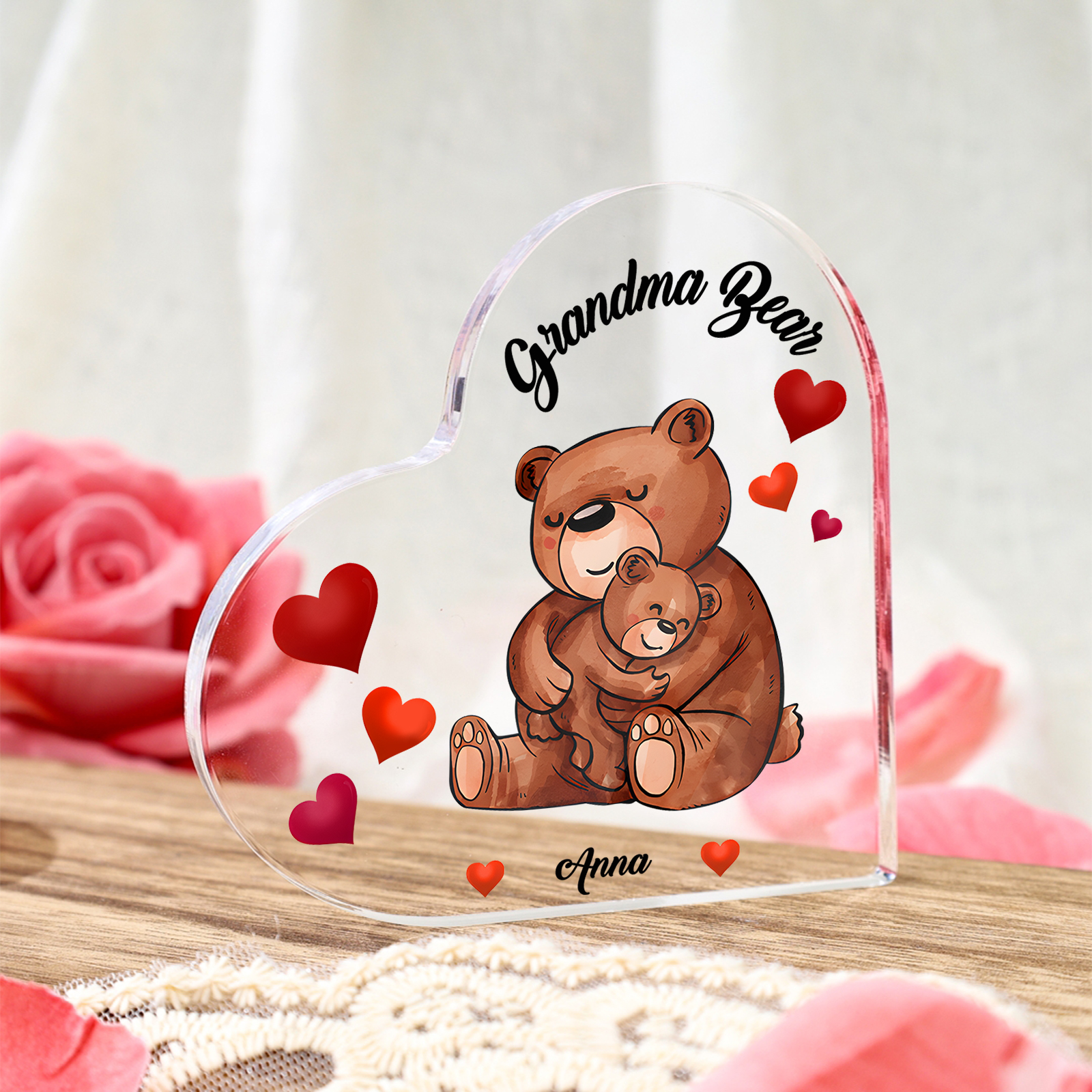 Personalised Bear Family Acrylic Heart Plaque Custom 1 Text & 1–6 Names Ornament Gifts for Grandma/Mother-Jessemade AU