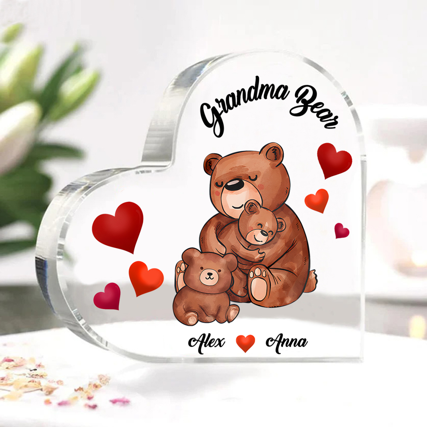 Personalised Bear Family Acrylic Heart Plaque Custom 1 Text & 1–6 Names Ornament Gifts for Grandma/Mother-Jessemade AU